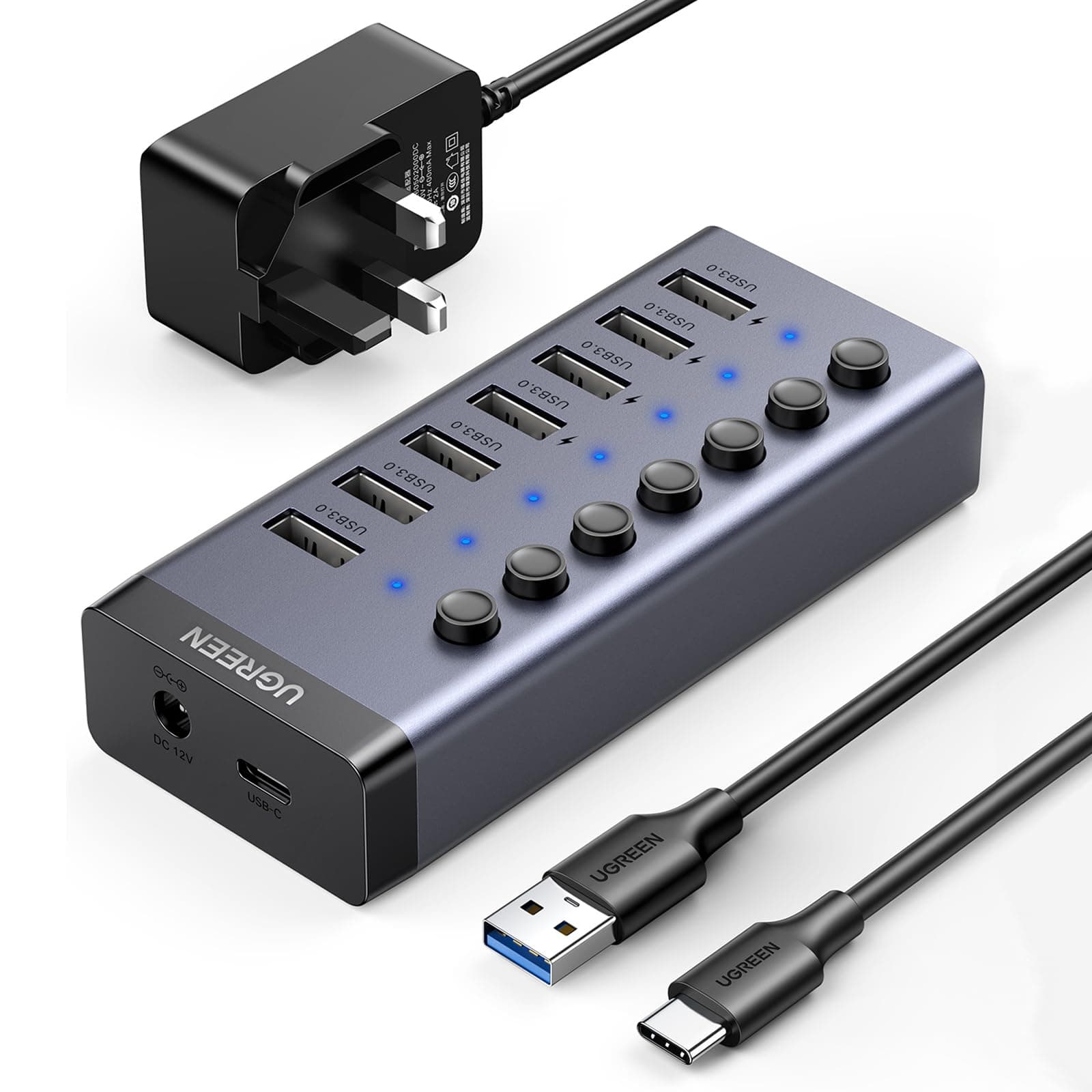 Powered USB Hub 3.0, 7-Ports Charging Extender Data Hub (12V/2A Not Fast Charge) Splitter Extension, Power USB A Adapter with Individual On/Off Switches for Laptop, PC, HDD, Flash Drive