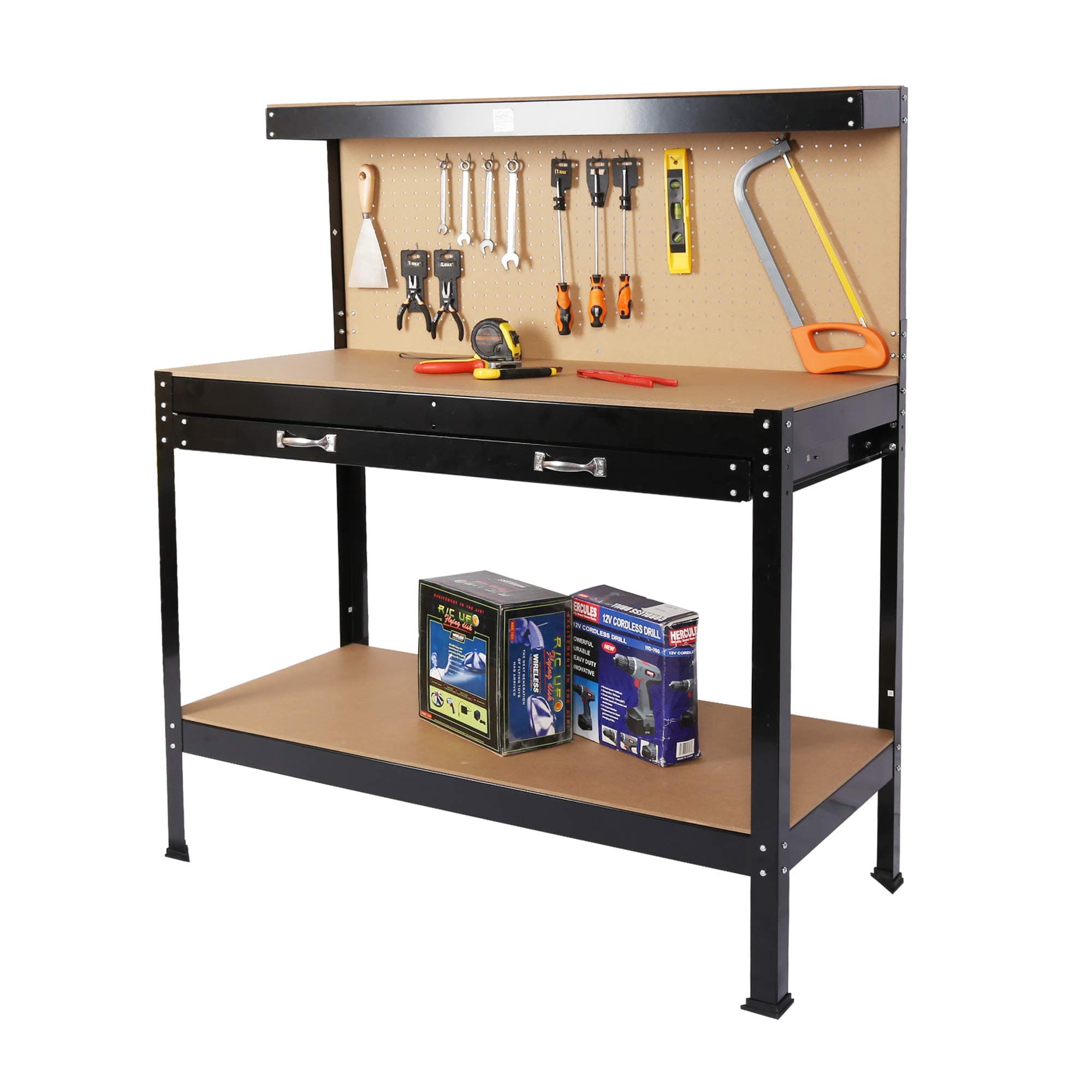 Workbench, Steel Garage Workbench, Tool Storage Work Bench Workshop Tools Table with Drawer and Peg Board, Load Bearing 300 Lbs, Suitable for Garage Shop Home Garage Office Use (55" x 45.3" x 21.7")
