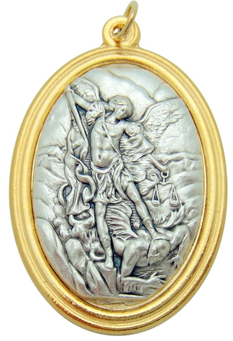 St Michael Large 1 1/2 Inch Pendant Two Tone 3D Embossed Medallion Medal Silver Tone Metal Alloy Made in Italy