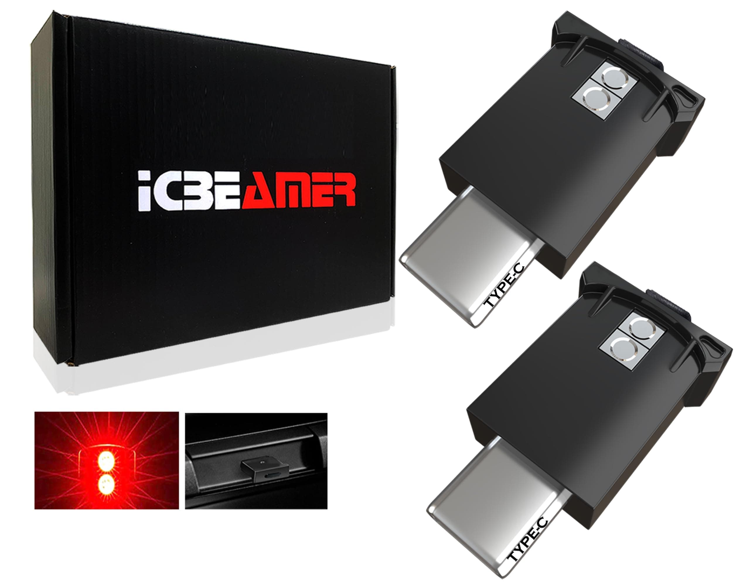 ICBEAMER Type C Adapters USB Ambient Light 2-Pack (Red) | Smart Interface, Miniature LED Night Lights for Car Interior, Trunk, Van, Pickup, Easy Plug-in, Ideal for Night Driving