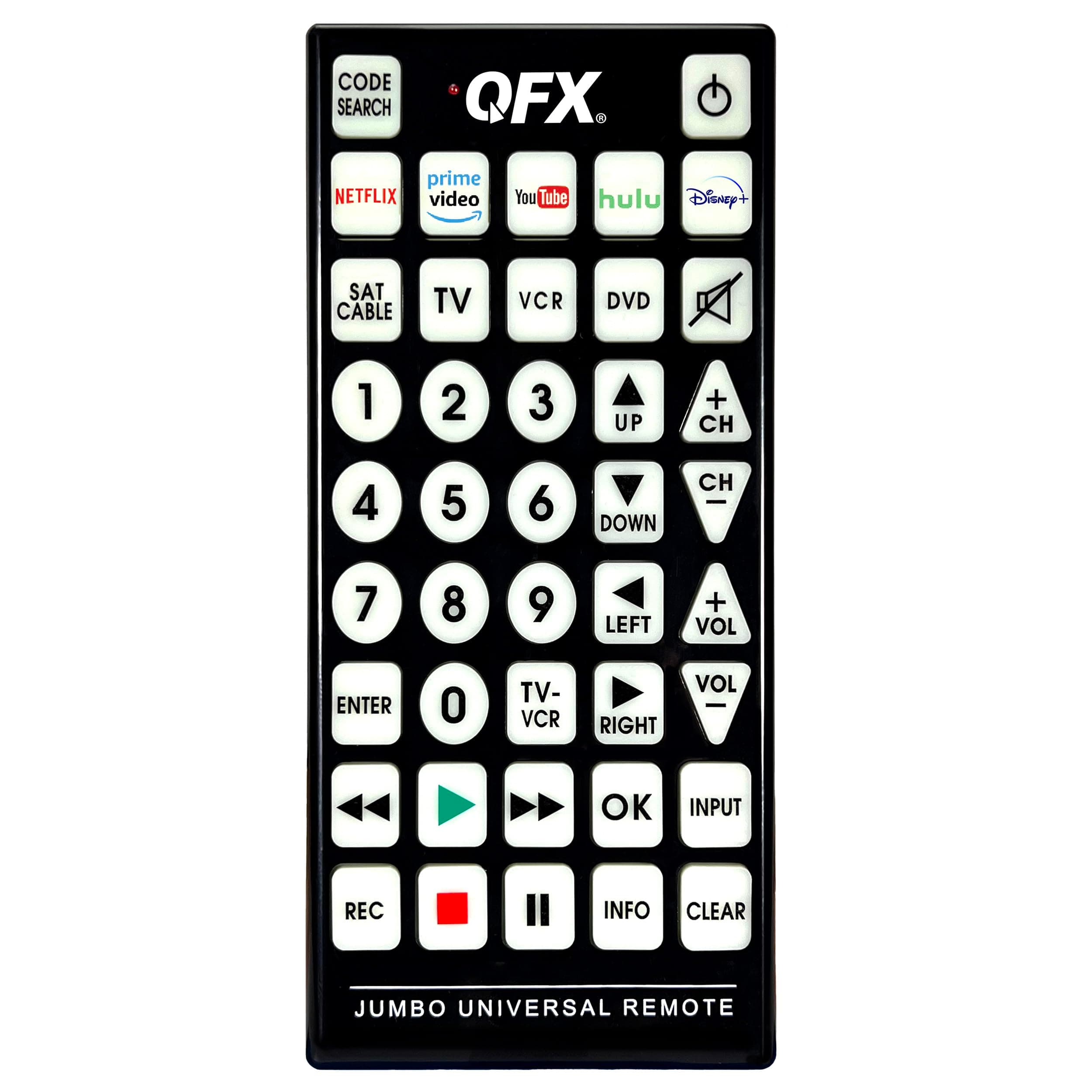 QFX REM-115 8 in 1 Large Jumbo Universal Remote Control for RCA, Sony, Philips, Samsung, GE, Zenith, Panasonic, Sharp, Toshiba, Daewoo, Hitachi, Sanyo, LG, JVC, Mitsubishi, Emerson, Magnavox