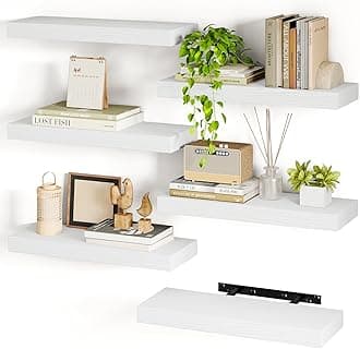 Fixwal White Shelves, 15.8in Floating Shelves, Farmhouse Shelf Wall Decor for Bathroom, Bedroom, Living and Kitchen Set of 6