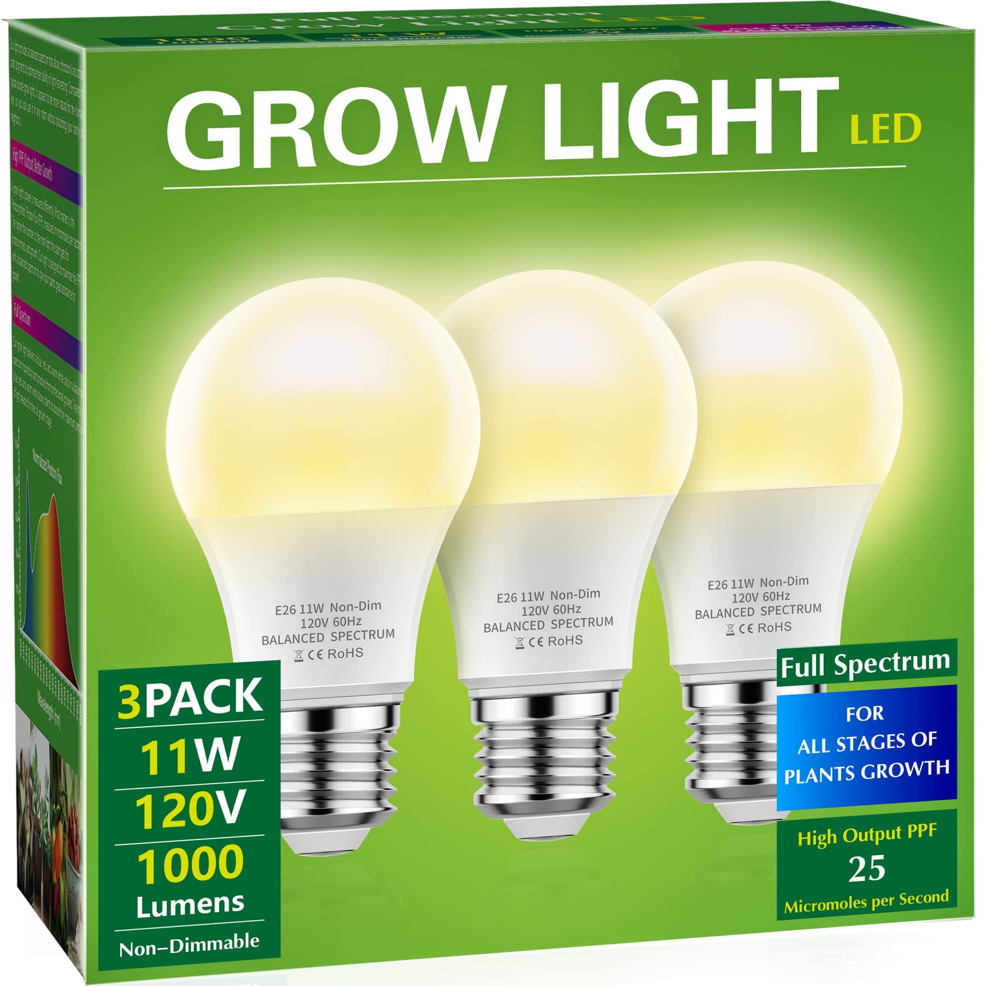 Briignite - LED Grow Light Bulbs, Full Spectrum, E26 Base, 11W, 100W Equivalent, 3 Pack