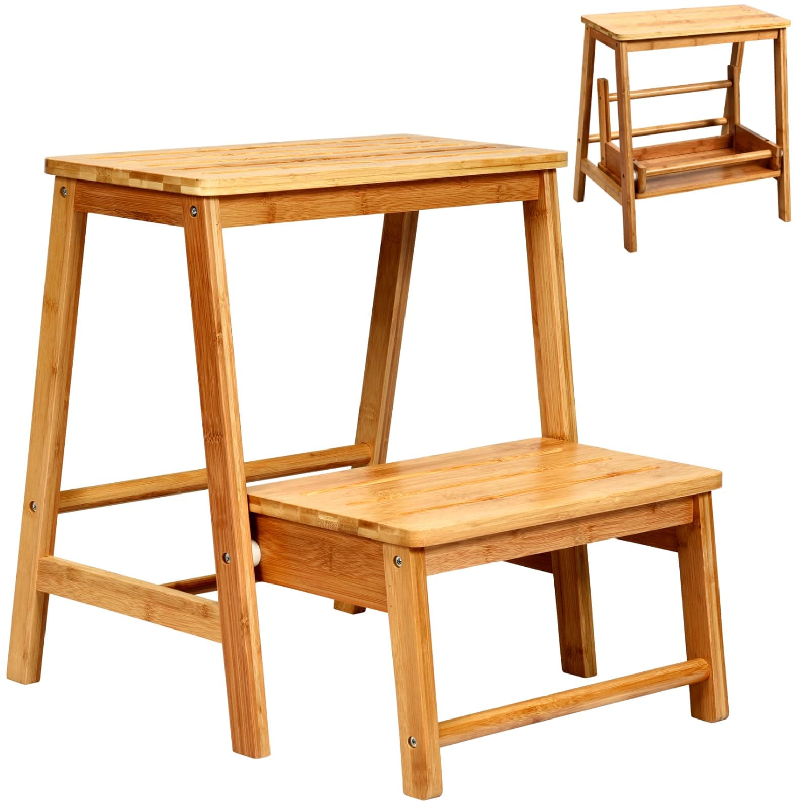 Maxmass 2 Tiers Bamboo Step Stool, Folding Ladder Stool, Portable Foot Stools Adults Kids Stepladder for Kitchen Bathroom, Max Weight 100kg (Natural)