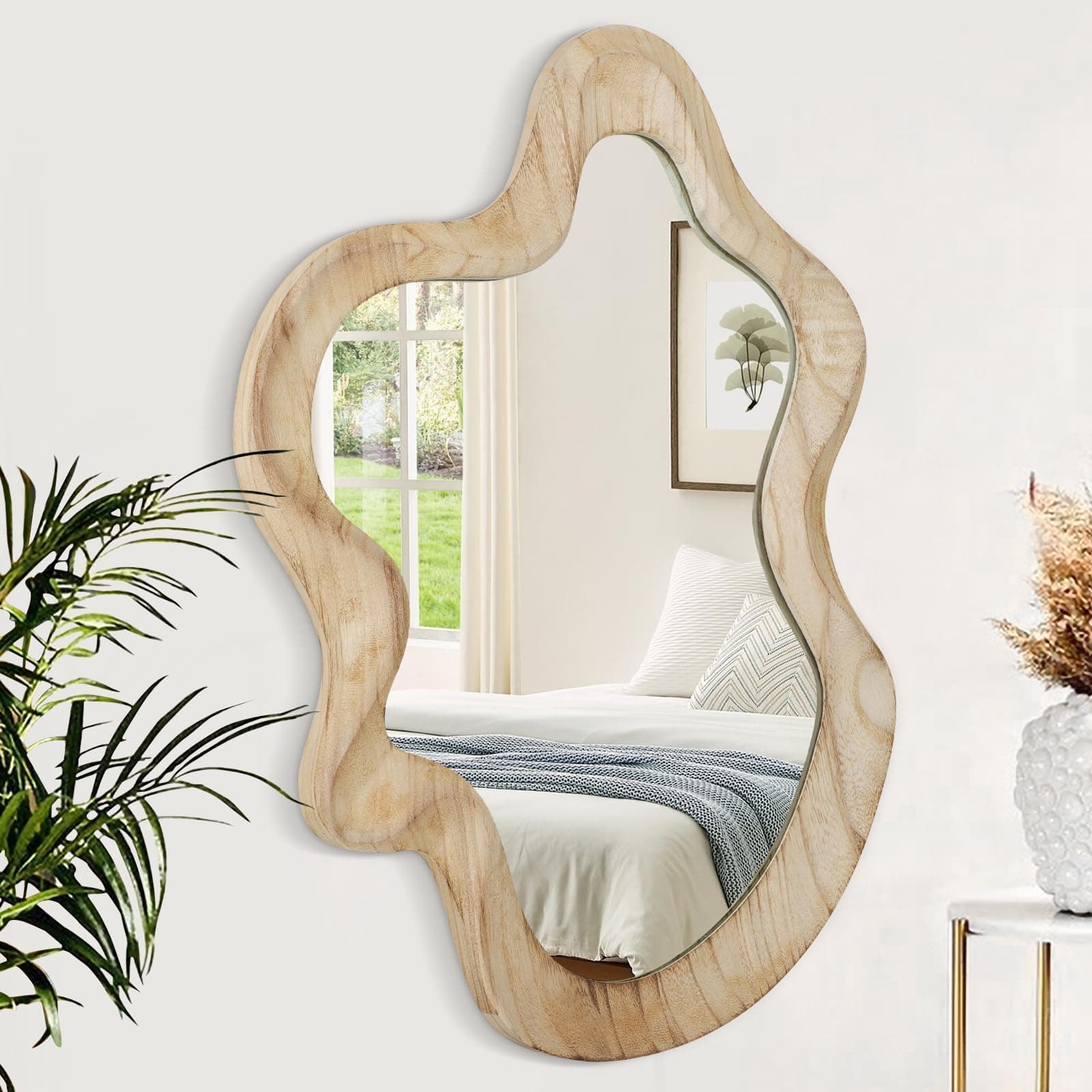 Large Asymmetrical Wall Mirror Irregular Wood Frame Mirror Modern Unique Wall-Mounted Artistic Wavy Mirror Decor Bathroom Vanity Bedroom Living Room Entryway Hallway 21.6"x15" Natural