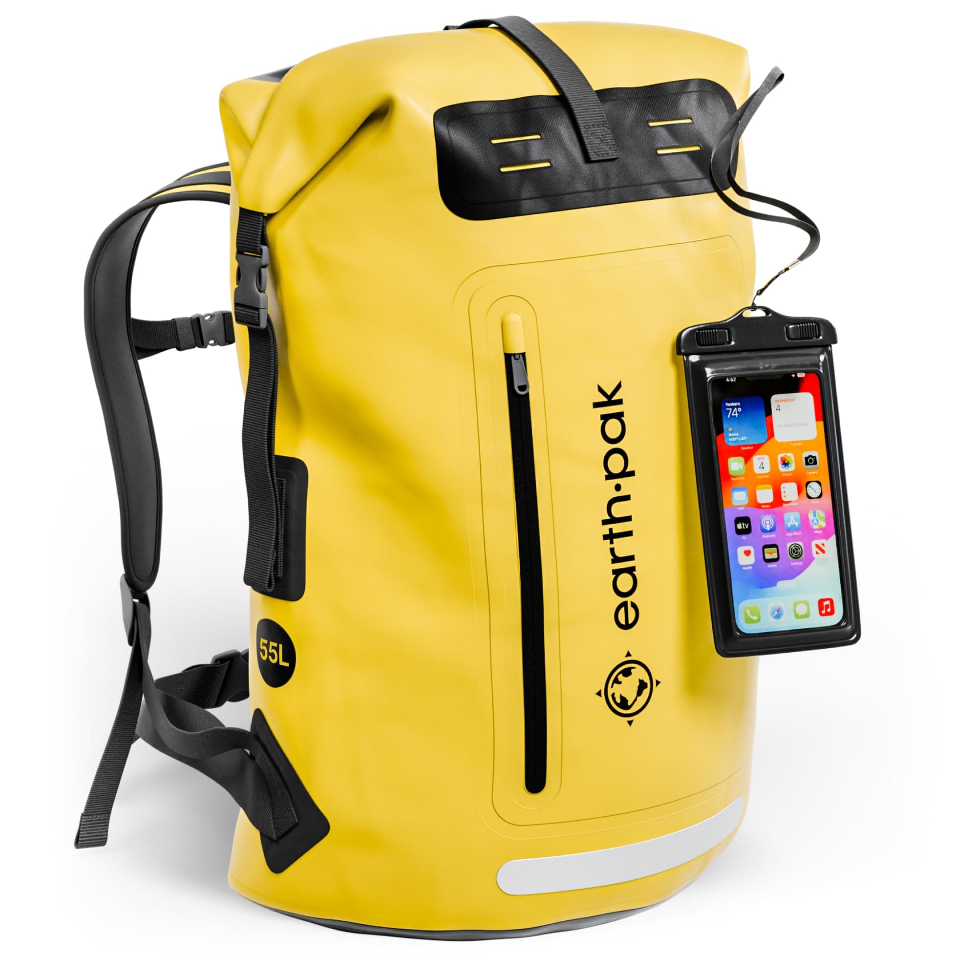 Earth Pak Waterproof Backpack with Roll-Top Closure, Front Pocket, Cushioned Back Panel & Phone Case (Yellow, 55L)