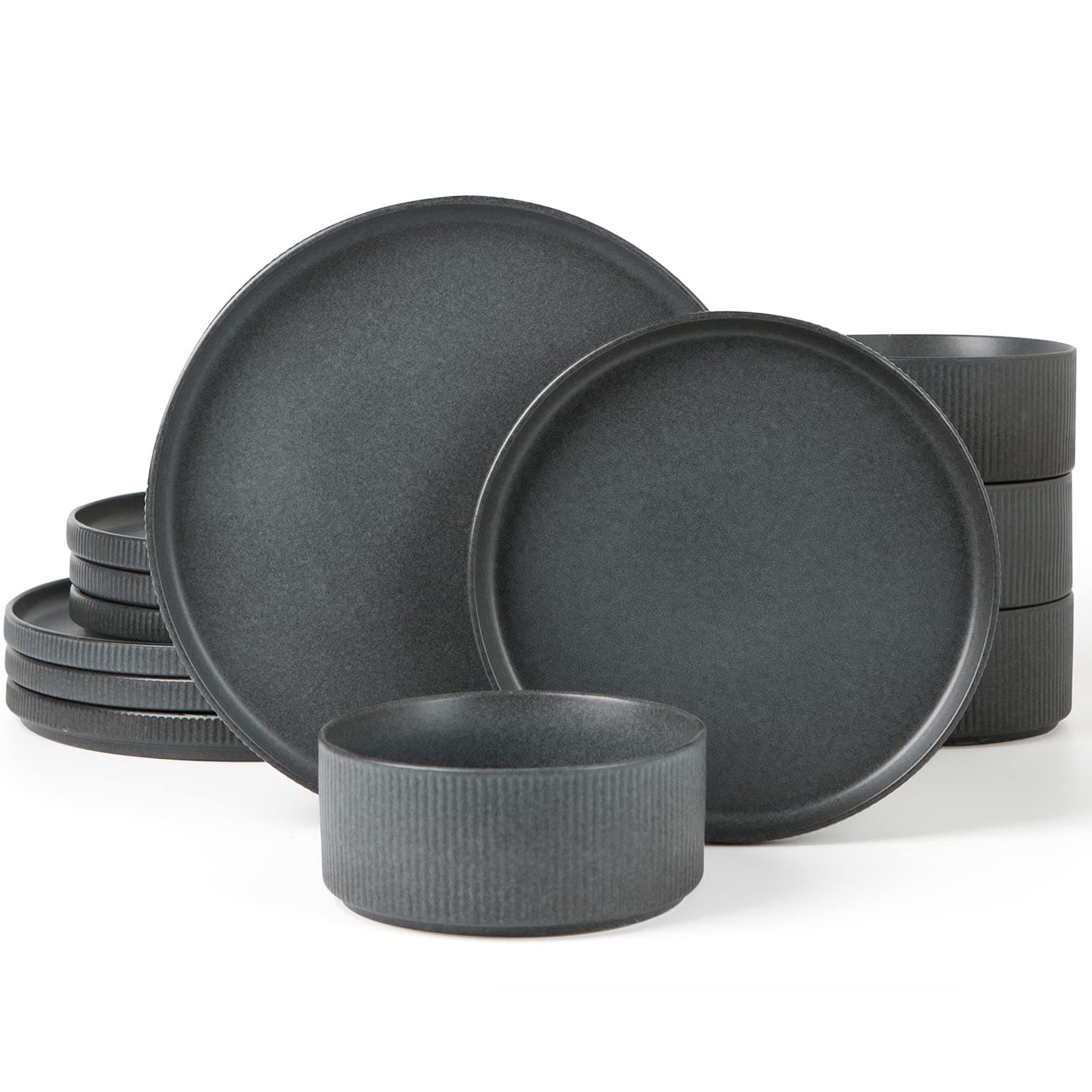 Famiware Star Dinnerware Sets, Plates and Bowls Set for 4, 12 Pieces Dish Set - Chip and Scratch Resistant, Microwave and Dishwasher Safe Kitchen Set, Matte Dark Charcoal