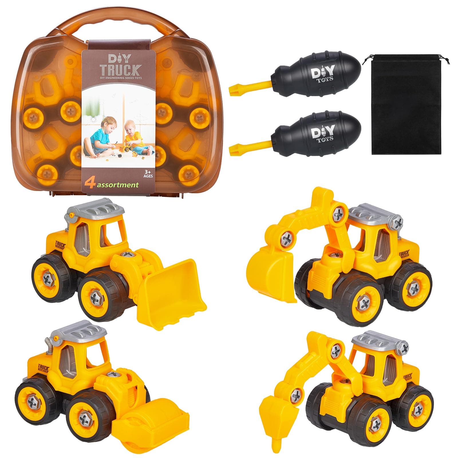 Januts Take-Apart Construction Vehicles Mini Engineering Toy Play Set 4 Pack, Excavator, Road Roller, Bulldozer, Ground Drilling Rig, DIY Building Educational Toys for Boys Girls Kids Age 3+ Yellow