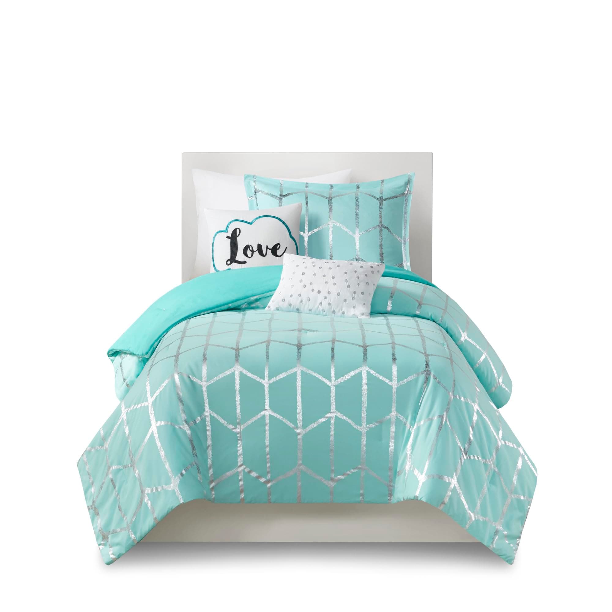 Intelligent Design Raina Twin / Twin XL Comforter Set, Soft Microfiber Comforter Set Twin, Modern Geometric Metallic Bed Set, 4 Pieces College Bedding Comforter Set with 1 Sham, 2 Toss Pillows Aqua