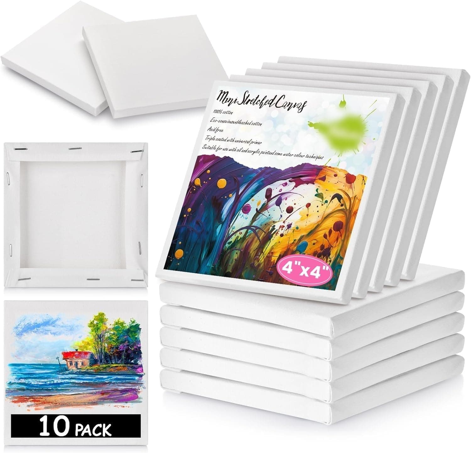Mini Stretched Canvas 10Pack 4 x 4inch, Profile Art Primed Canvases for Painting, 100% Cotton Small Professional Stretched Canvas for Kids and Art Supplies, for Acrylics, Oils & Other Painting