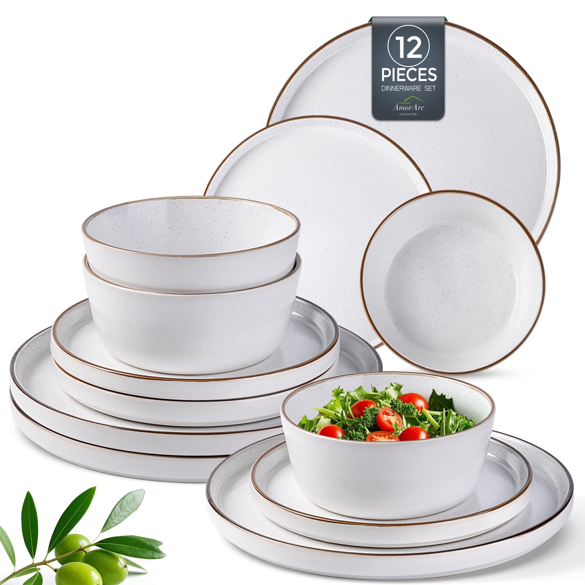 AmorArc Dinnerware Set for 4, 12 Pieces Ceramic Plates and Bowls Set, Handcrafted Speckled Stoneware Plates Set, Dishwasher & Microwave Safe Dishes Set- (Multicolor, Service for 4)