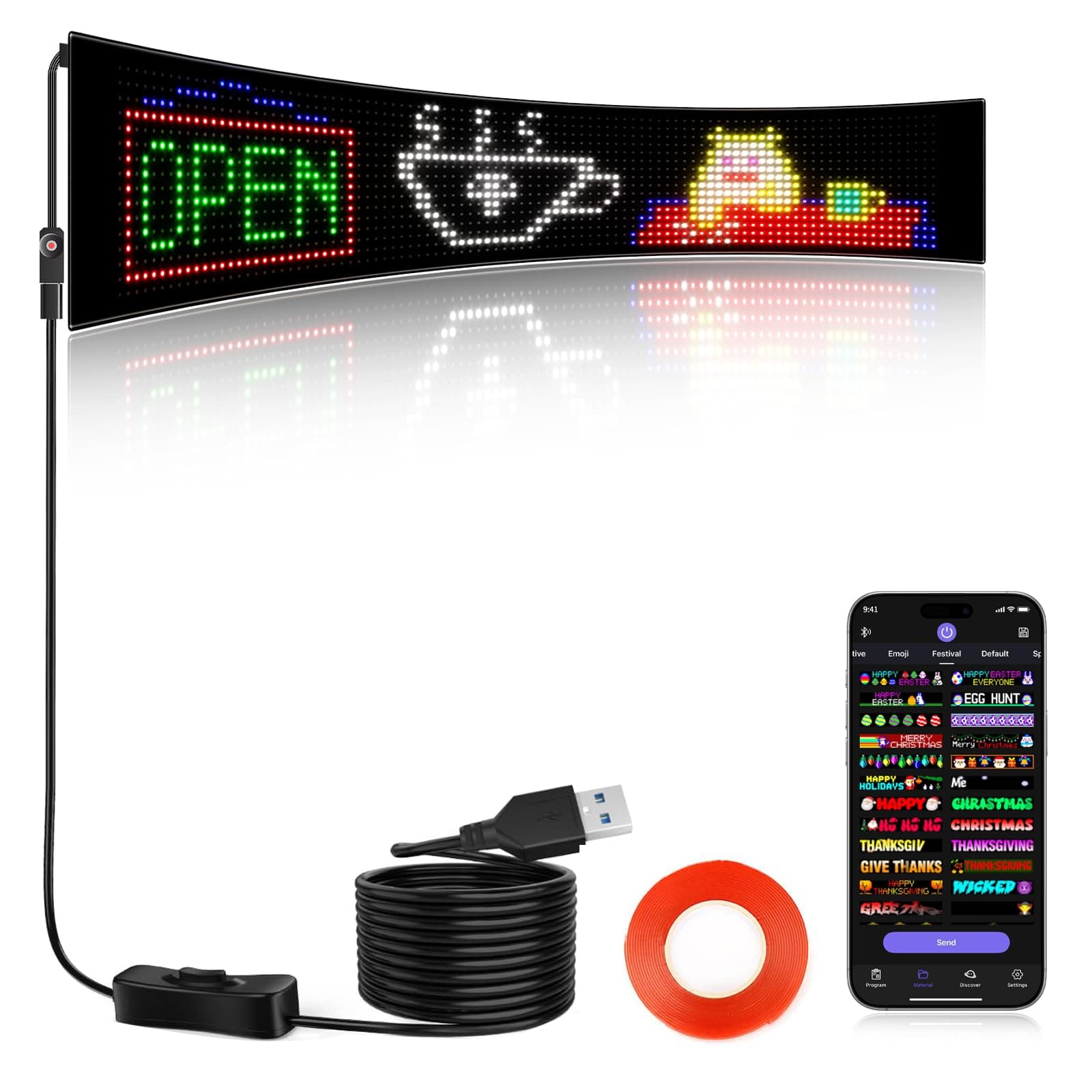 KJOY Programmable Huge Bright LED Signs, 27''x5'' USB 5V, Bluetooth App Control Custom Text Pattern Animation, Scrolling, Flexible LED Display for Car Store Party Bar Hotel