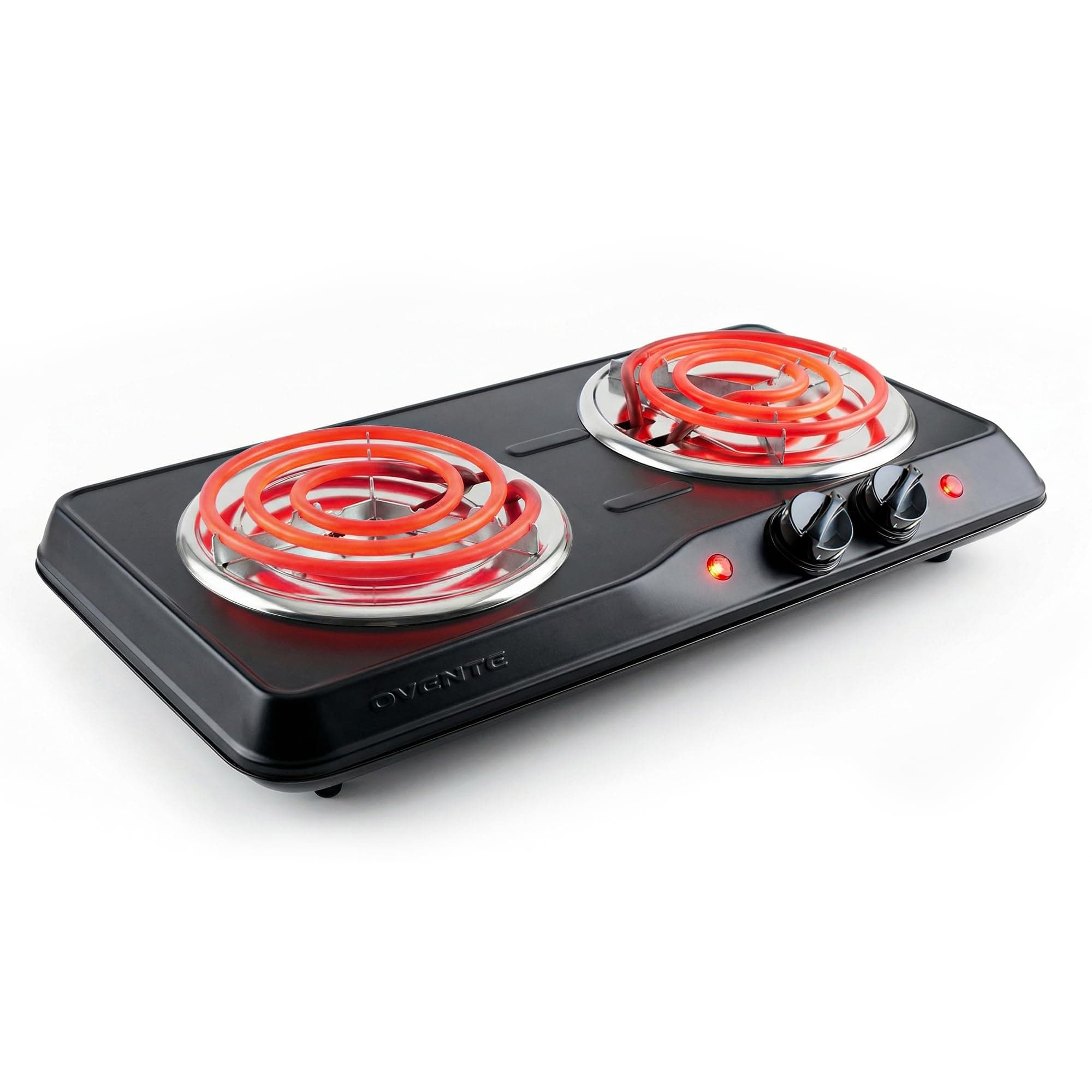 OVENTE Electric Countertop Double Burner, 1700W Cooktop with 6" and 5.75" Stainless Steel Coil Hot Plates, 5 Level Temperature Control, Indicator Lights and Easy to Clean Cooking Stove, Black BGC102B