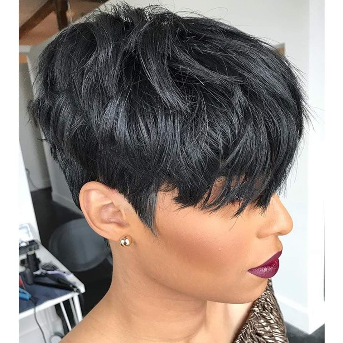 Human Hair Short Wigs Pixie Cut Wigs with Bangs Short Black Layered Wavy Wigs for Women 1B Colour