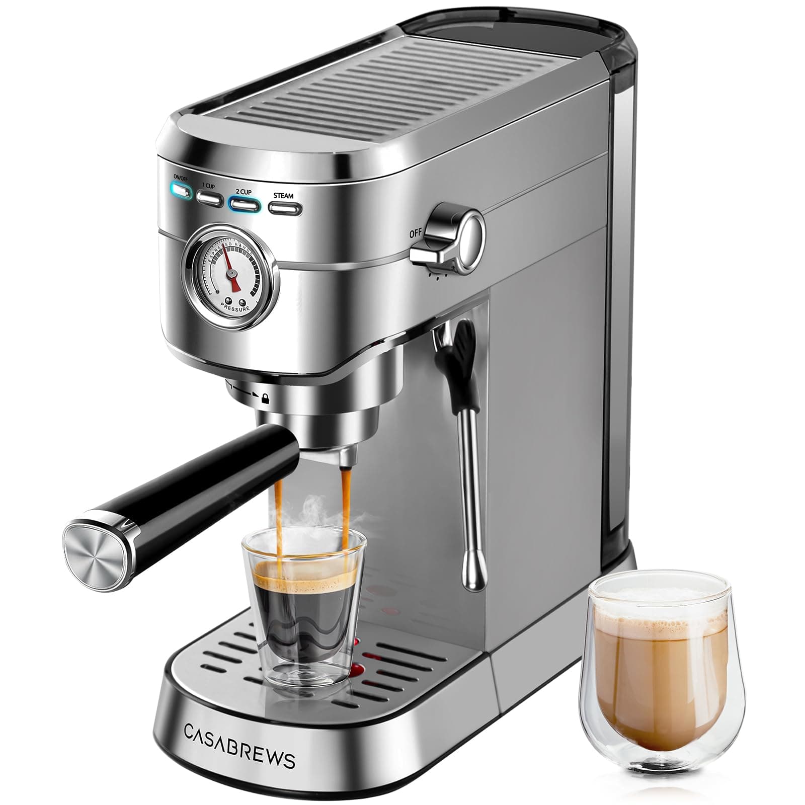CASABREWS Espresso Machine 20 Bar, Compact Coffee Maker with 34oz Water Tank, Professional Cappuccino & Latte Machine with Milk Frother for Home, Stainless Steel