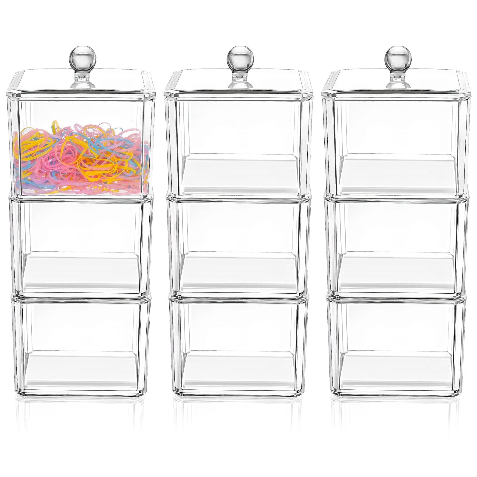 Reginary 9 PCS Hair Accessories Stackable Organizer Holder Storage with Lids Acrylic Clear Hair Tie Organizer Bathroom Bow Containers for Girls Headband Scrunchie Makeup Accessory Organizing
