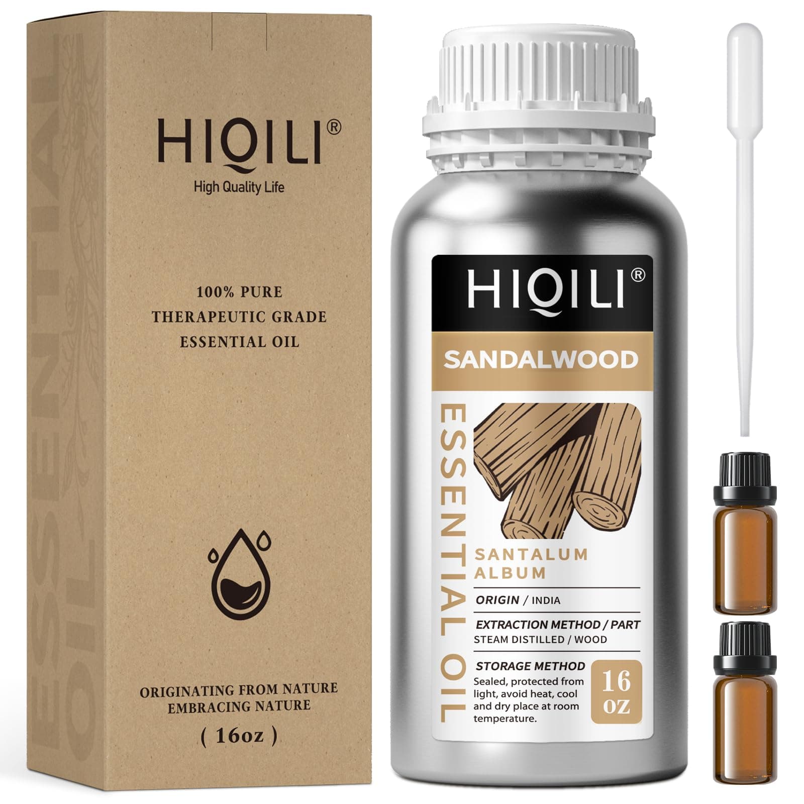 HIQILI Sandalwood Essential Oils, Long-Lasting Scent for Perfume, Diffuser, Soap Making & Candle- 16 Fl Oz