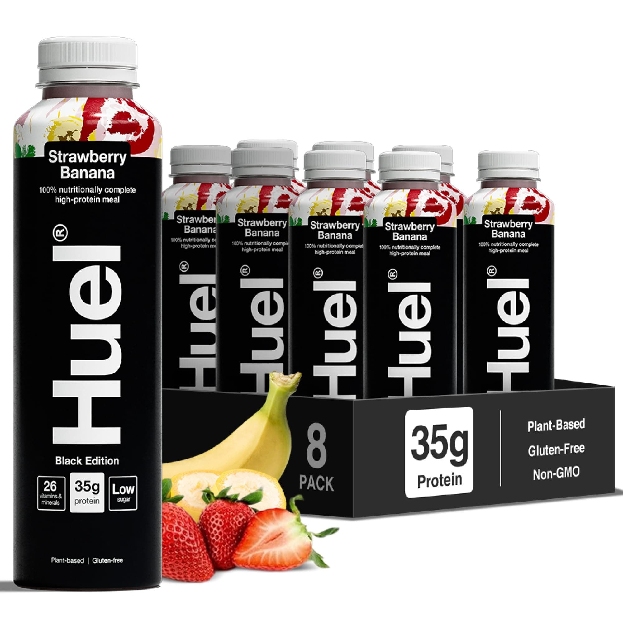 Huel Black Edition Ready-to-Drink | 35g Plant-Based Protein | Complete Nutrition | More Than a Meal Replacement | Gluten-Free | 8x 500ml Bottles (8x500ml, Strawberry Banana)