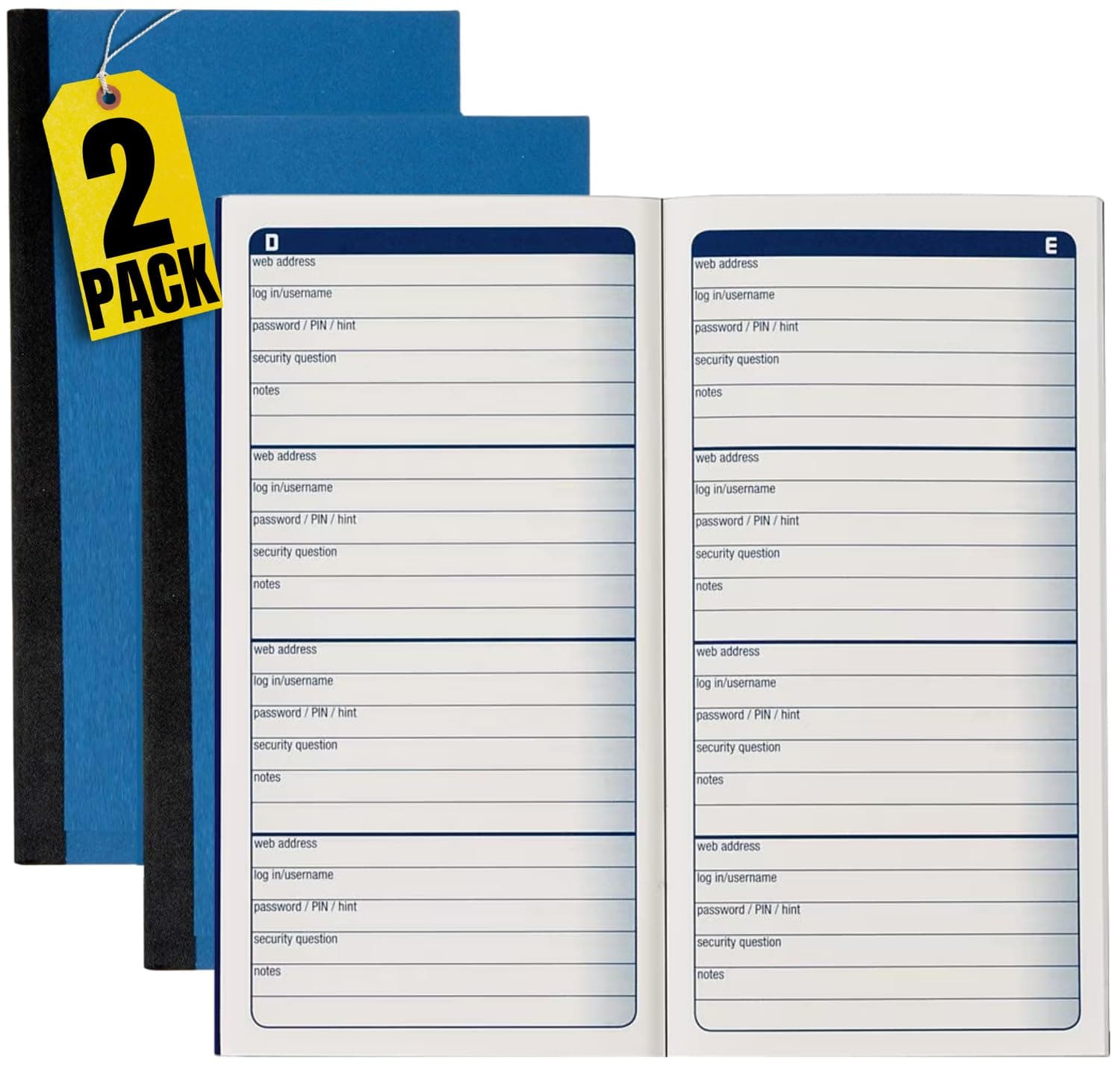1InTheOffice Password Journal, Password Keeper Book Small, Blue 3 1/4 x 6 1/4, 192 Entries, (2 Pack)