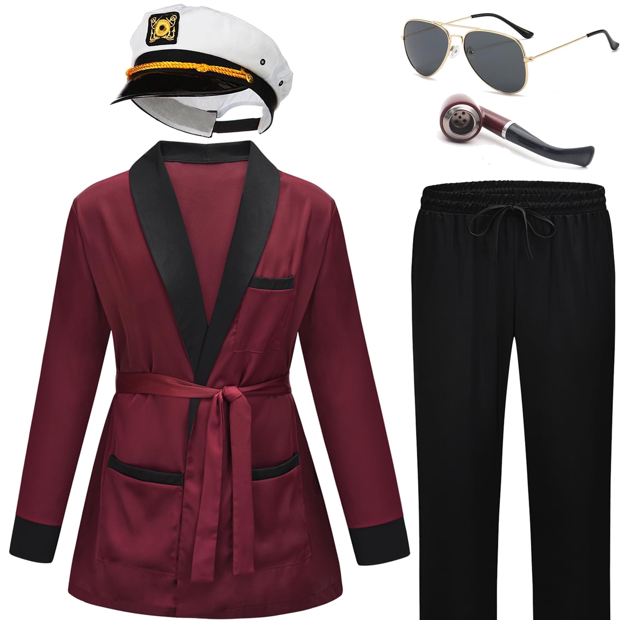 Red Silk Smoking Robe Jacket and Black Pants,Captain Hat and Pipe,Halloween Costume Accessories for Adult