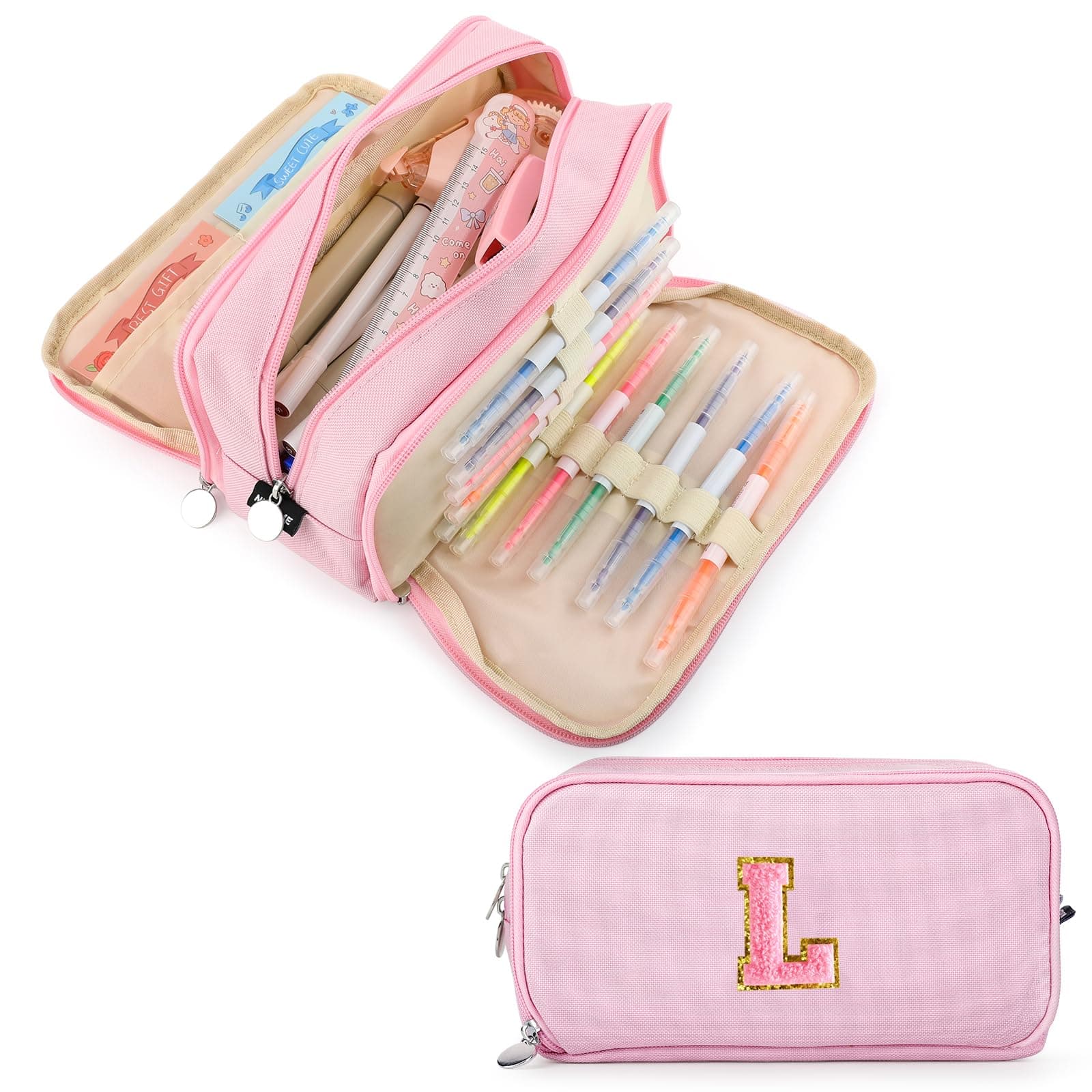 Extra Large Capacity Pencil Case 3 Compartment Initial Pencil Pouch Personalized Cute Aesthetic Stationery Pen Case Bag for School Teen Girl Boy Men Women Gift (L, Pink)
