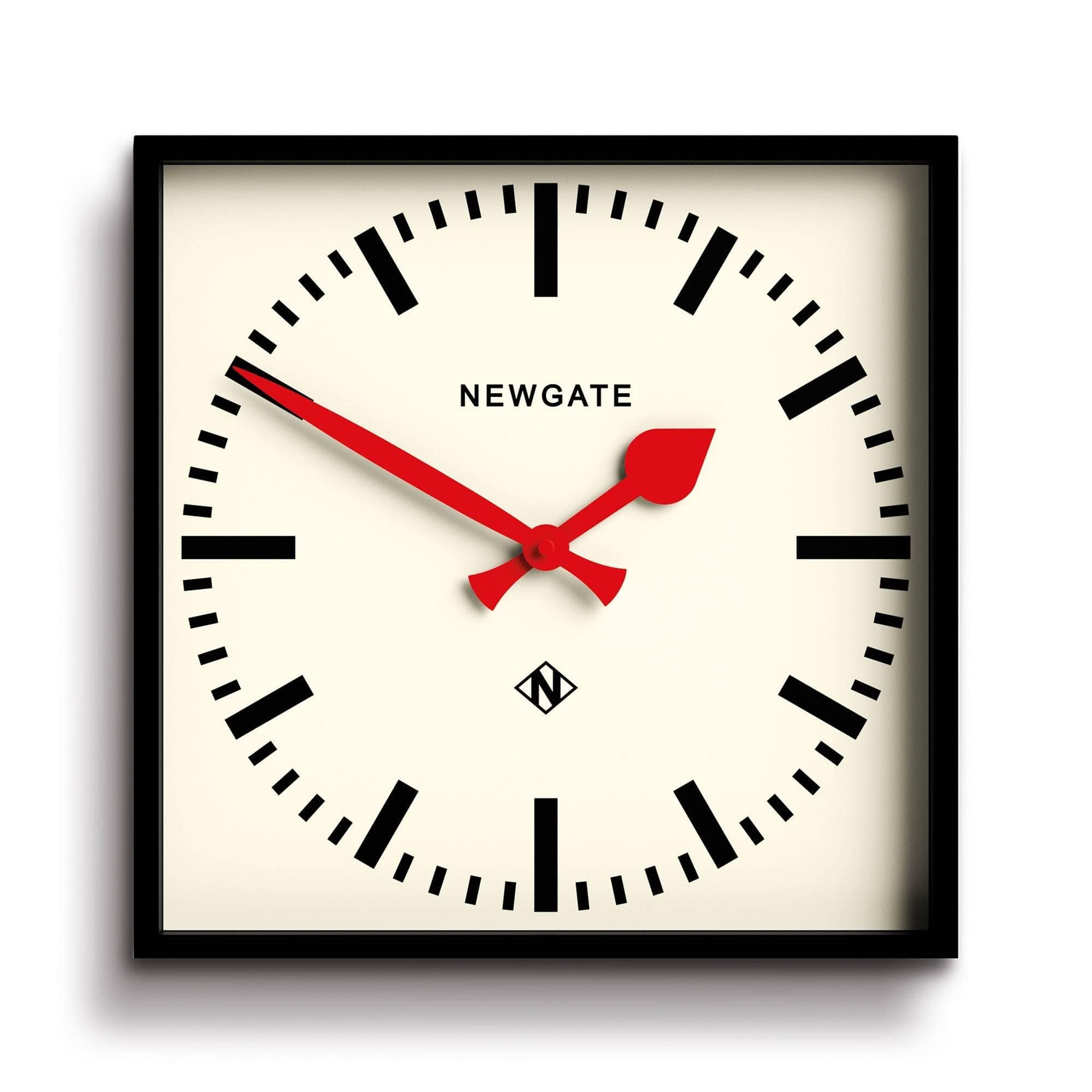 NEWGATE® Number Five wall clock | Square retro inspired modern station clock | 40cm | Black with red hands | Mid-century style for kitchen, living room or office