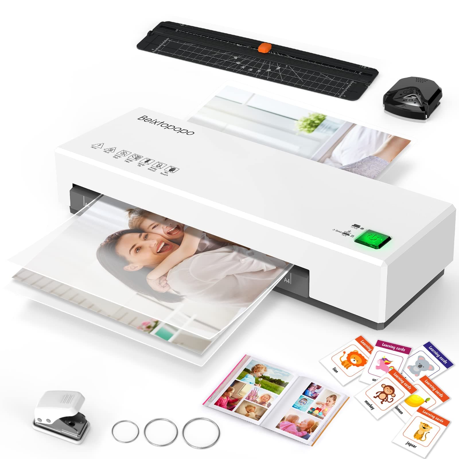 Laminator, 9" Thermal Laminator Machine for A4, A5, A6, Hot & Cold Laminating Machine with 20 Pouches, Paper Trimmer, Corner Rounder, Hole Puncher, Iron Ring, White