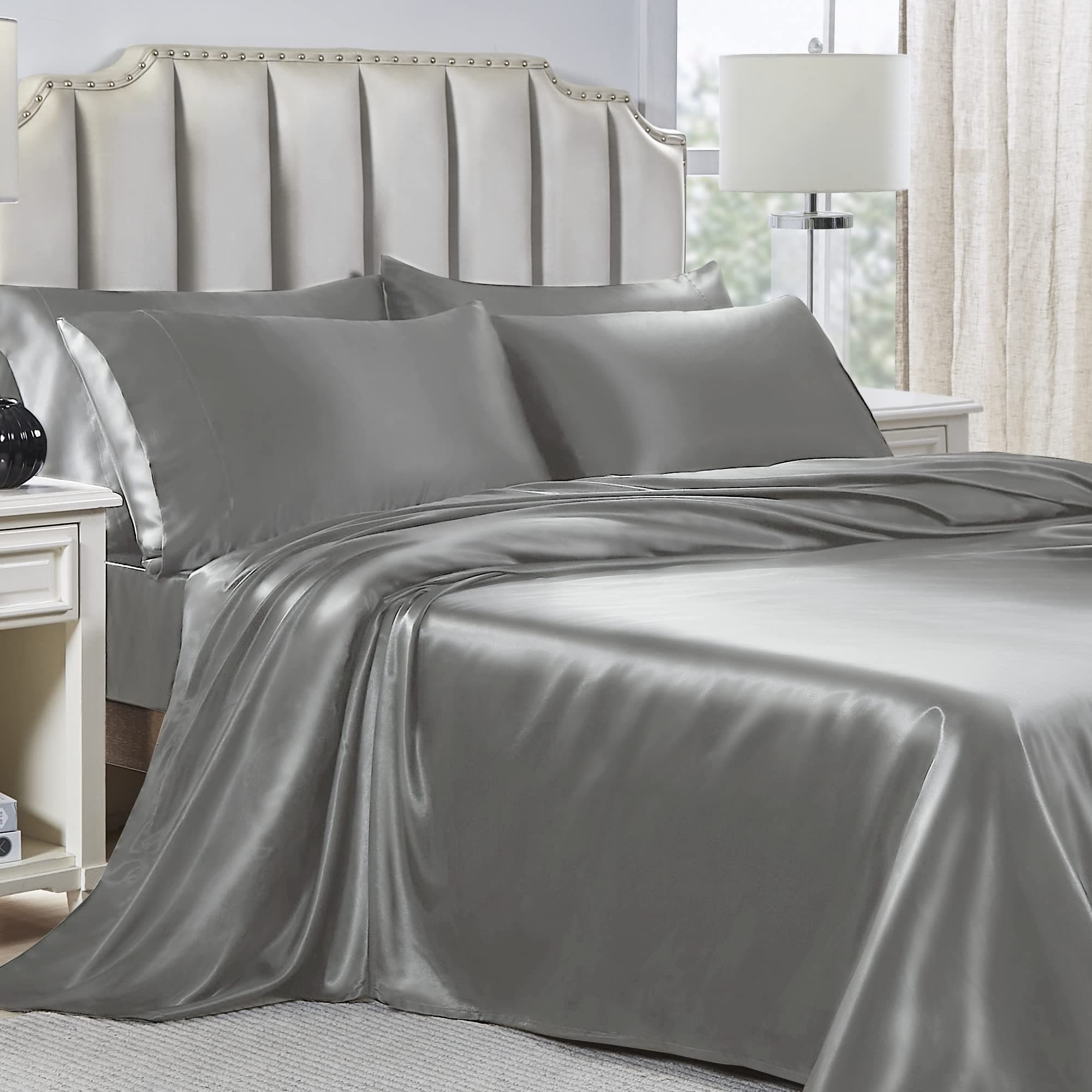 Satin Sheets King 6 Pc - Satin Bed Sheets, Gray Satin Sheets, Satin Sheet Set, Satin King Sheets Set, King Satin Sheets, King Size Sheets, Sheets For King Size Bed Sets, Gray Sheets, King Bed Sheets