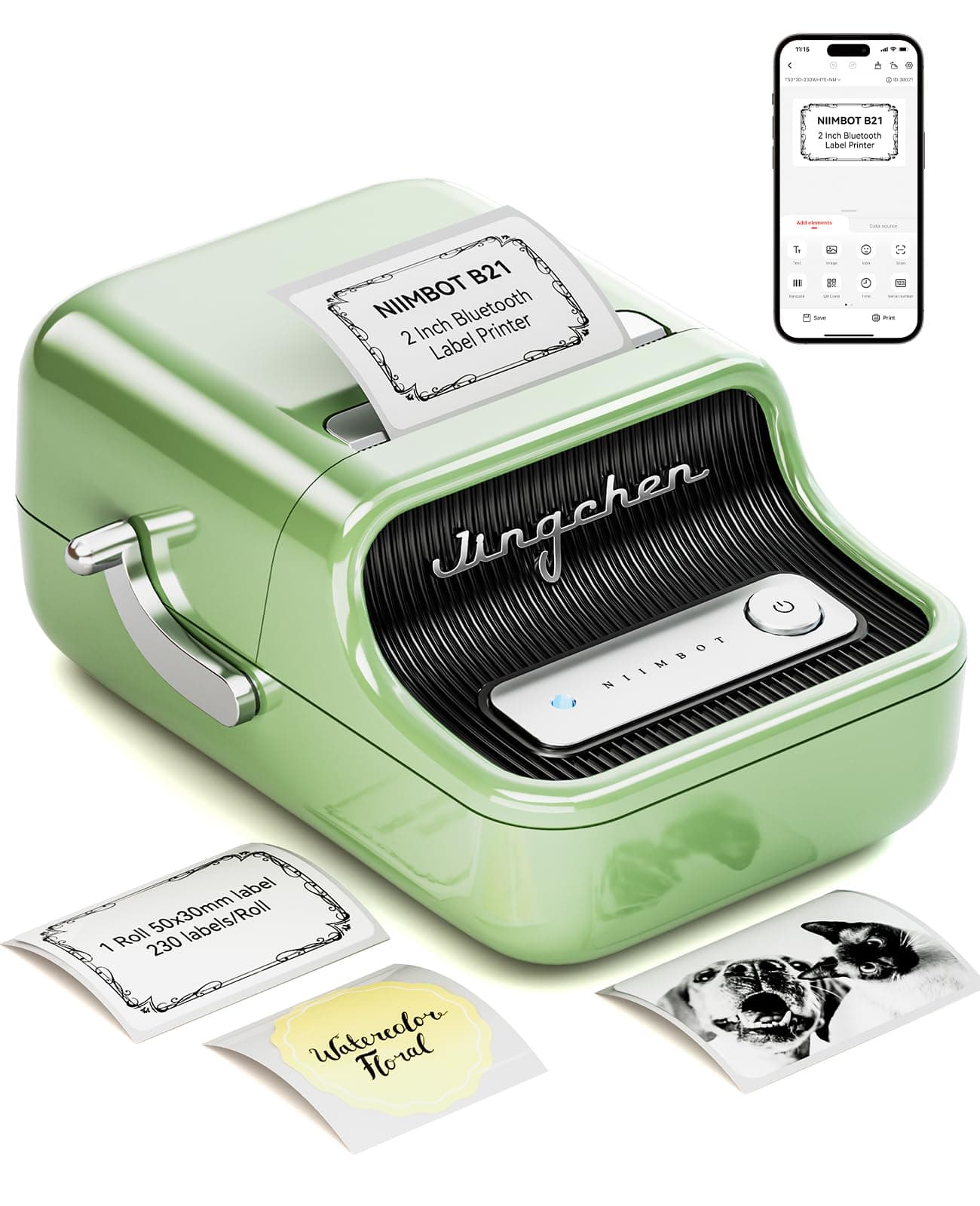 Label Maker Machine with 1 Roll Tape B21 Vintage 2 inches Width Business Thermal Label Printer Price Gun Shipping Label Tag Writer for Home Office Organization Commercial Use (Green)