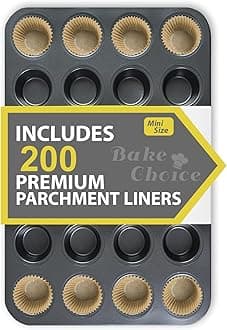 Bake Choice Mini Muffin Pan includes 200 Natural Cupcake Liners, Mini Cupcake Pans Nonstick 24 Cup, Muffin Tin, Carbon Steel Baking Supplies