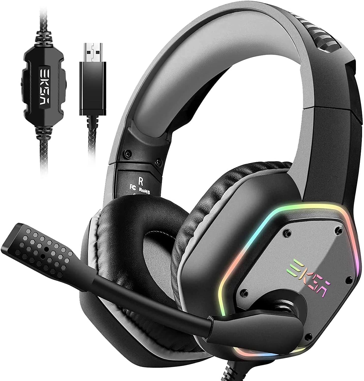 USB Gaming Headset for PC - Computer Headphones with 7.1 Surround Sound Stereo Noise Canceling Mic/Microphone RGB Light - Gaming Headphones for PS4/PS5 Console Laptop, Wired