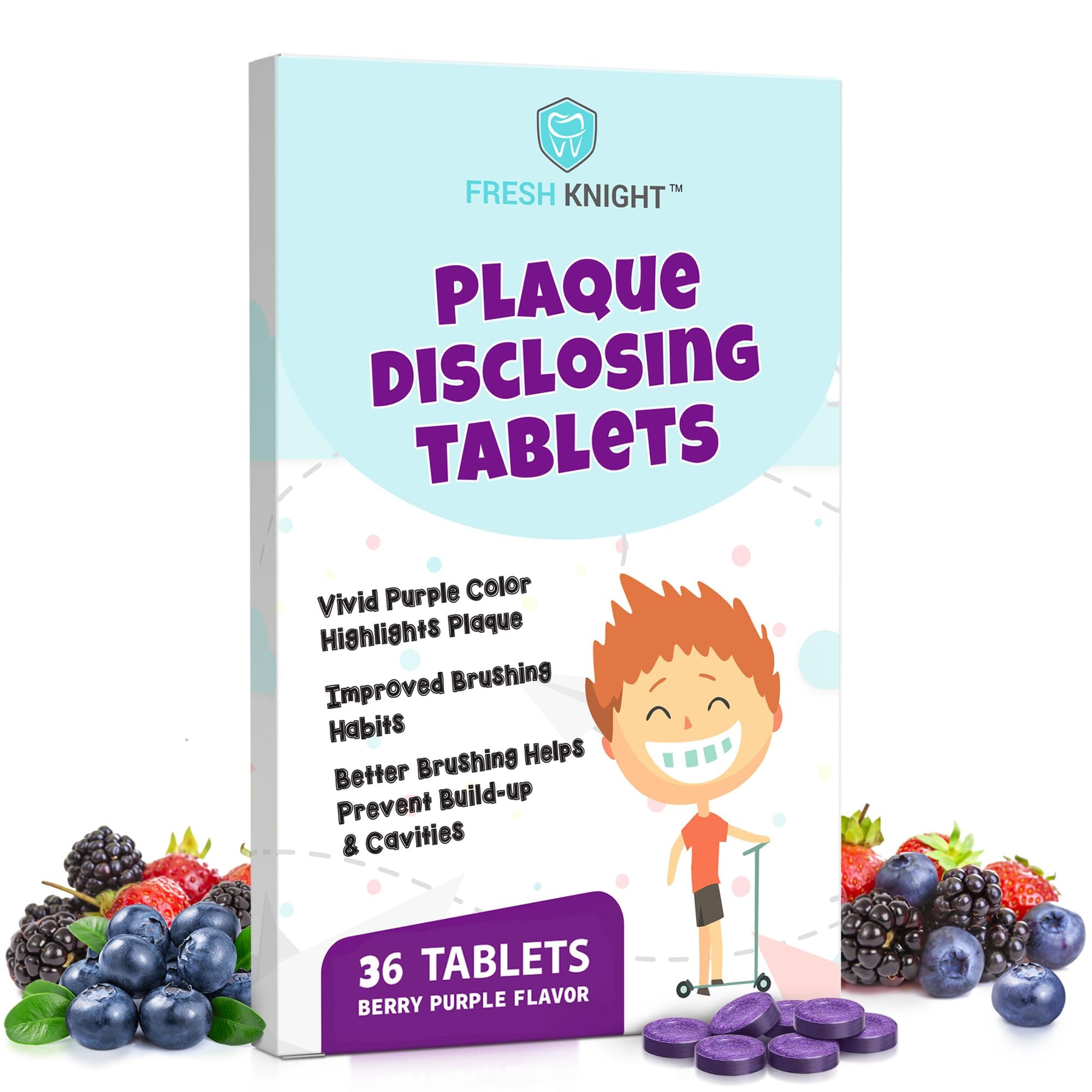 Plaque Disclosing Tablets for Teeth, 36 Count, Dental Disclosing Tablets for Kids or Adults, Shows Plaque, Helps Teach Kids Teeth-Brushing Habits for Clean Smile, by Fresh Knight, (Pack of 1)
