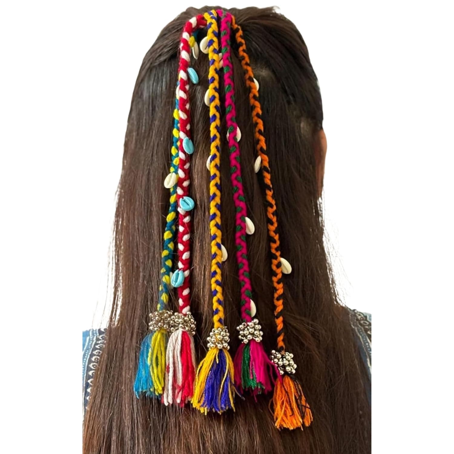 - 5 PCS Navratri Look Hair Braids with Rubber Bands Girl and Women, Hair Accessory for Everyday Style and Rainbow Color Braids Extensions Hair Color | Boho Chic Style (Multicolour)