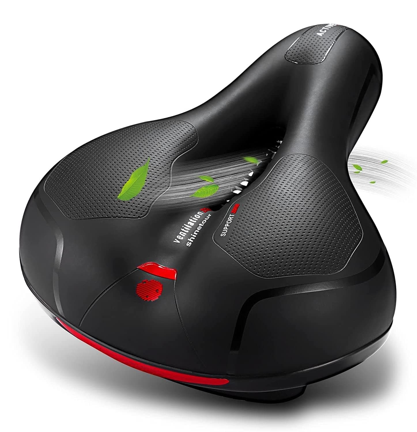 Bicycle Seat, Replacement Wide Saddle Bicycle with Waterproof Memory Foam Padded Leather, Reflective Strip Seat Cushion and Dual Shock Absorbing Rubber Balls, Bicycle Saddle (Black-Red)