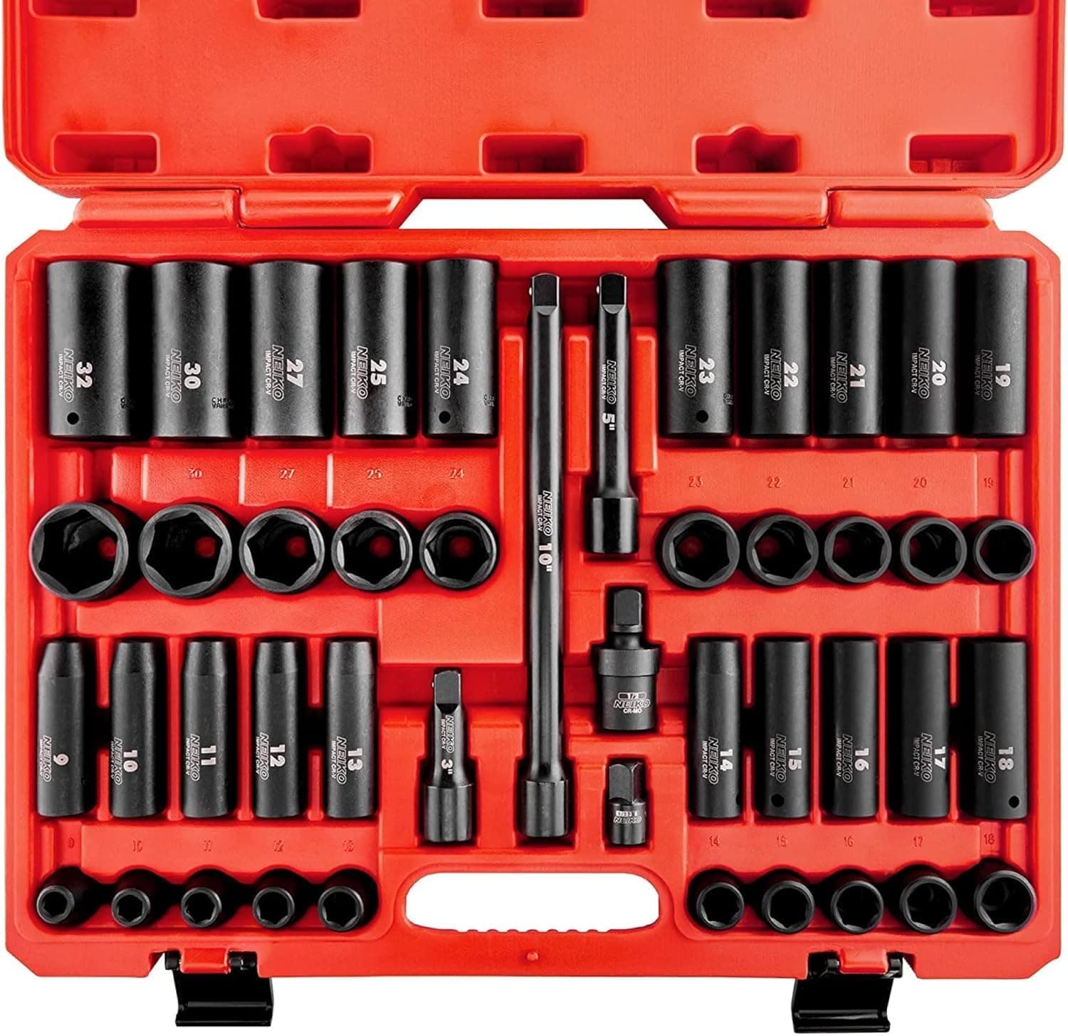 02330A 1/2 Impact Socket Set, 45 Piece Deep and Shallow Assortment, Metric Sizes 9mm to 32mm, Chrome Vanadium Steel, Extension Bars, Universal Joint and Adapter, 1/2" Drive Deep Well Set