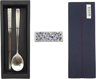 Korean Chopsticks Spoon 1 Set - METAL STAINLESS STEEL -Printed Hangul Characters (Hangul-Silver Rest Rack 1set)