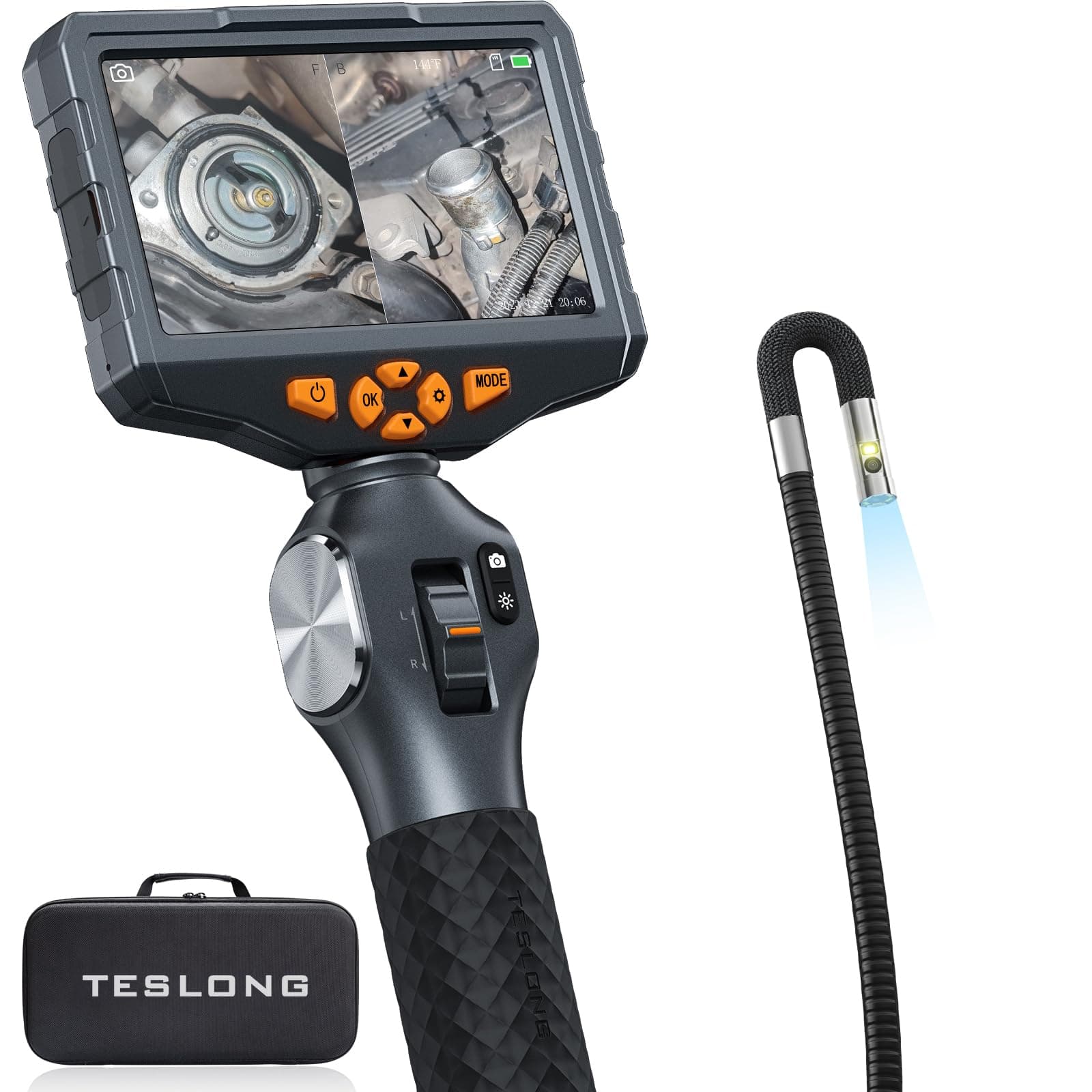 Articulating Borescope with Dual Lens Camera, 5-inch IPS Endoscope Inspection Camera with Two-Way Articulation Tip, 6+1 LED Lights, Mechanics Fiber Optic Scope-Dia. 0.25 inch & L 5.0 feet