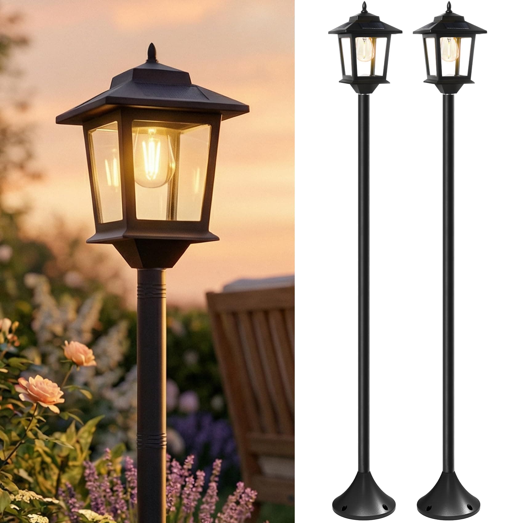 PASAMIC Outdoor Solar Post Lights, 2-Pack 63" Dusk to Dawn Solar Lamp Posts, Waterproof Floor Lamps, Warm White Pole Lights for Patio with Replaceable Bulb