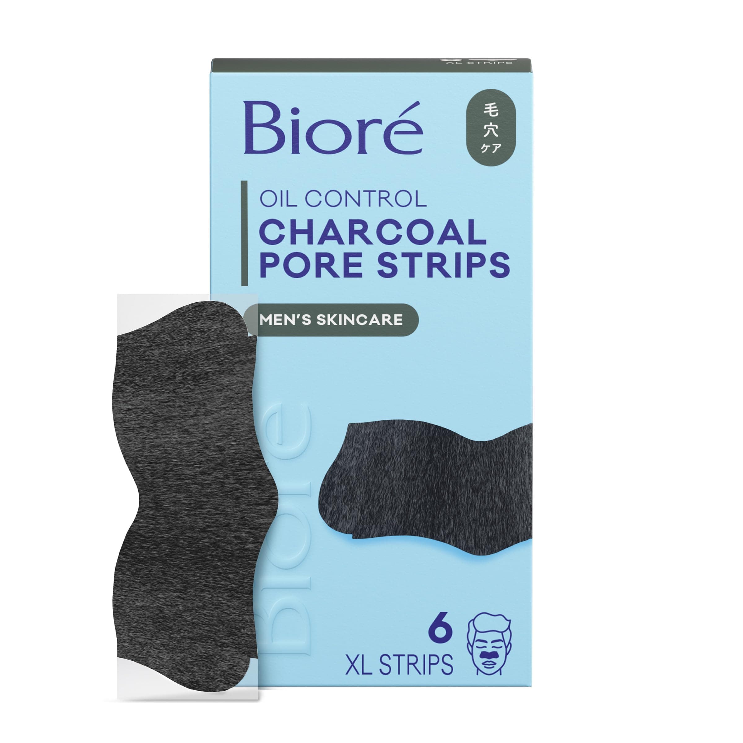 Bioré Charcoal Deep Cleansing Pore Strips for Men, Nose Strips for Blackhead Removal on Oily Skin, Features C-Bond Technology with Instant Pore Unclogging, 6 Count