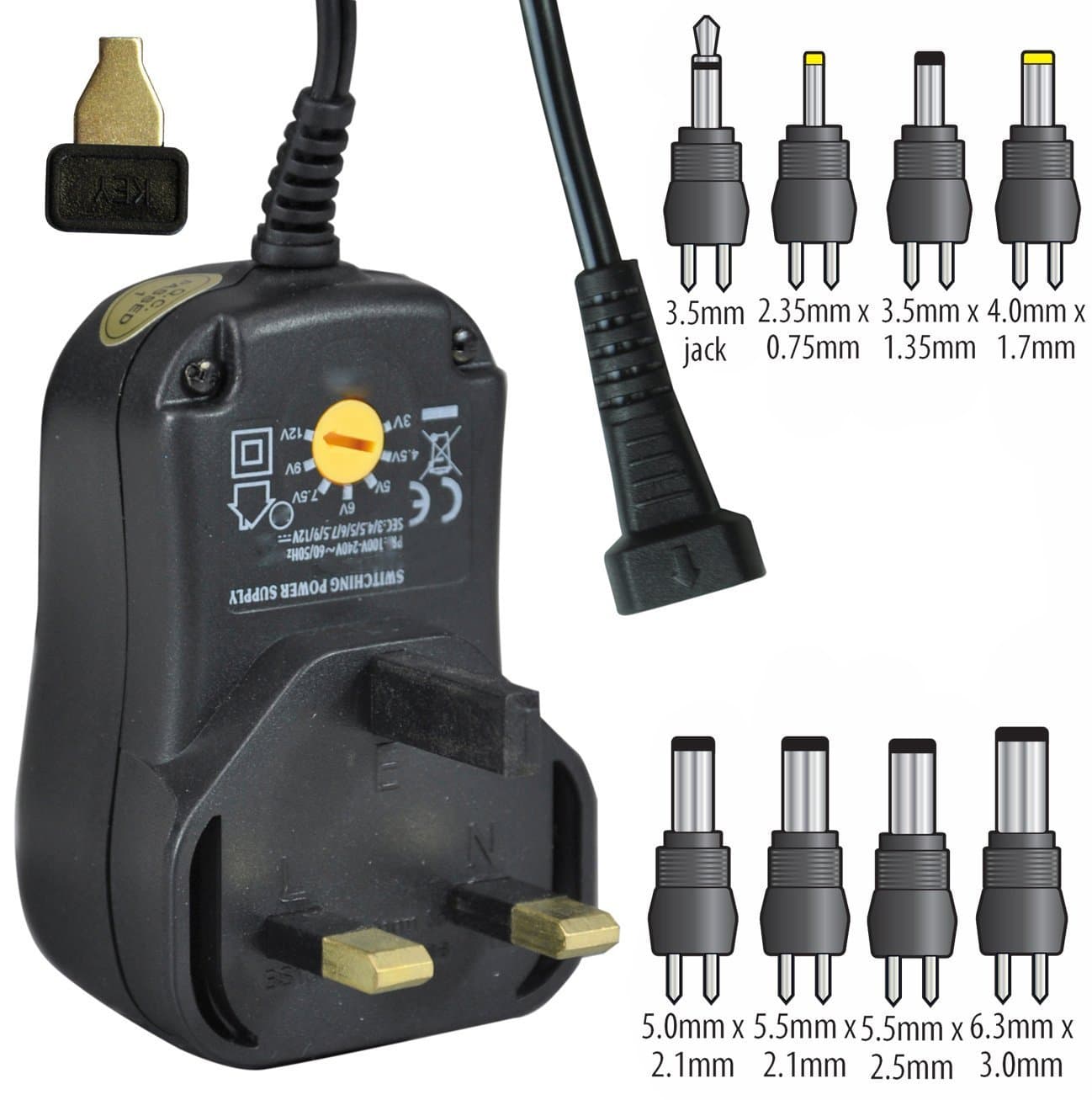 Universal Power Supply - Mains Adapter (600mA, 0.6A), Multi-volt (3V-12V), Worldwide AC/DC Charger, Includes 8 DC Jack Connectors