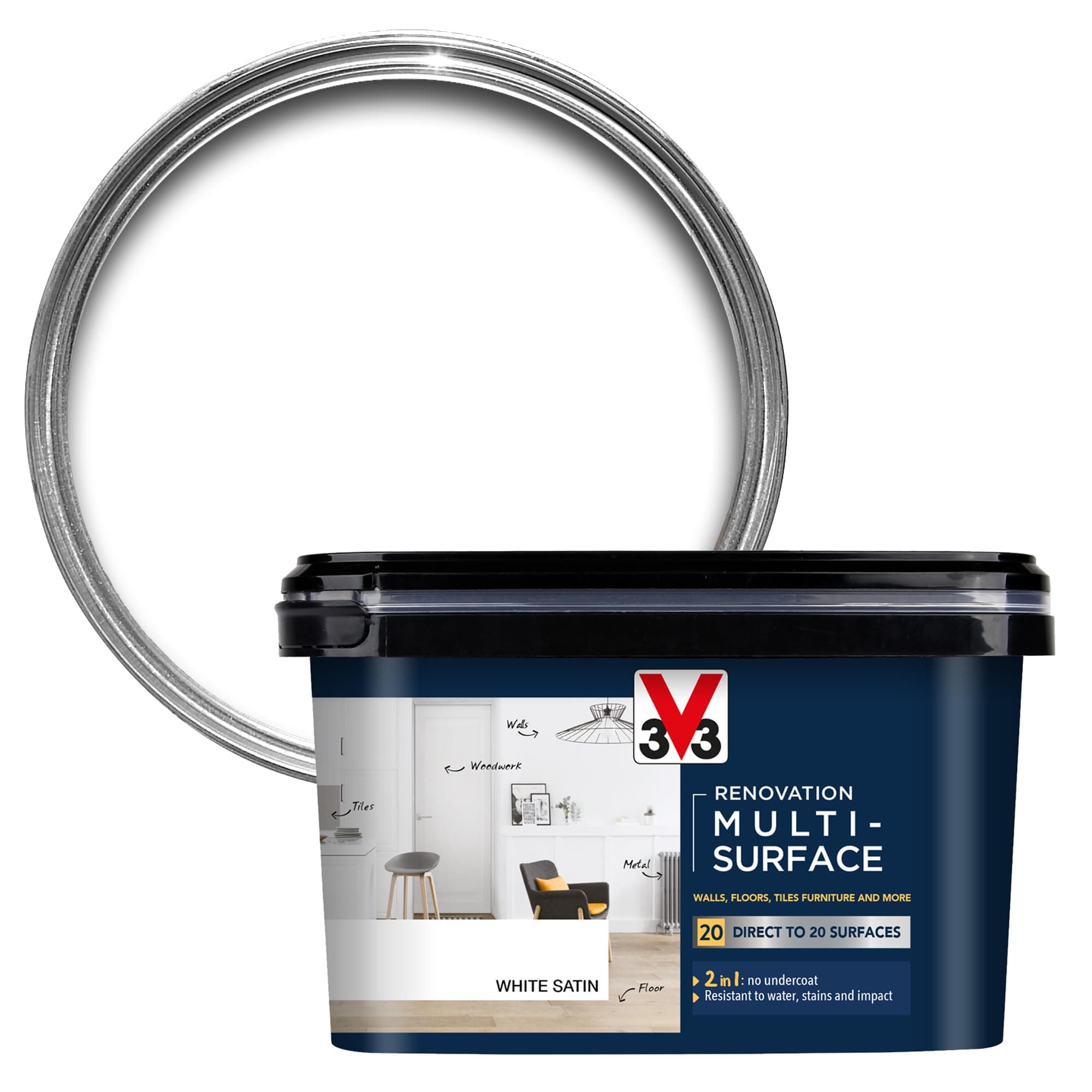 V33 Renovation Multi-Surface Paint White 2L | Direct To 20 Surfaces Including Wood, Tiles & Metal | Resistance to Water, Stains & Impact | High Coverage | Washable | Easy Maintenance