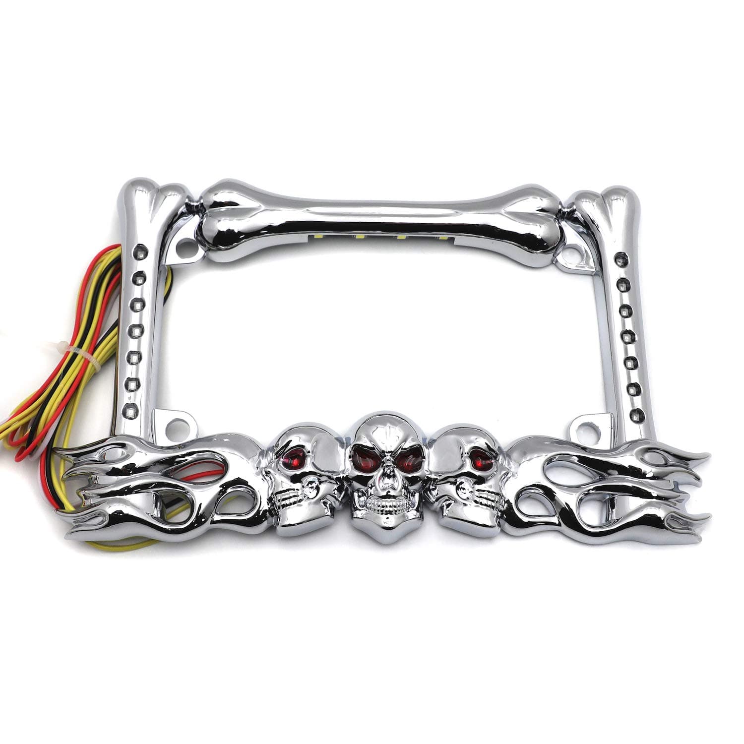 HTTMT- 3D Chrome Skull Flame Bone License Plate Frame w/LED Run Brake Turn Compatible With H-D Kawasaki [P/N: MT294-006A-CD]