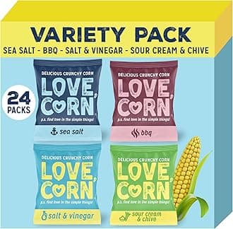 LOVE CORN Variety Pack (6 Sea Salt, 6 BBQ, 6 Salt & Vinegar, 6 Sour Cream & Chive 20g) – Healthy Snacks Ideal for Gluten Free & Vegan Diets – Low Sugar Alternative for Crisps and Mixed Nuts