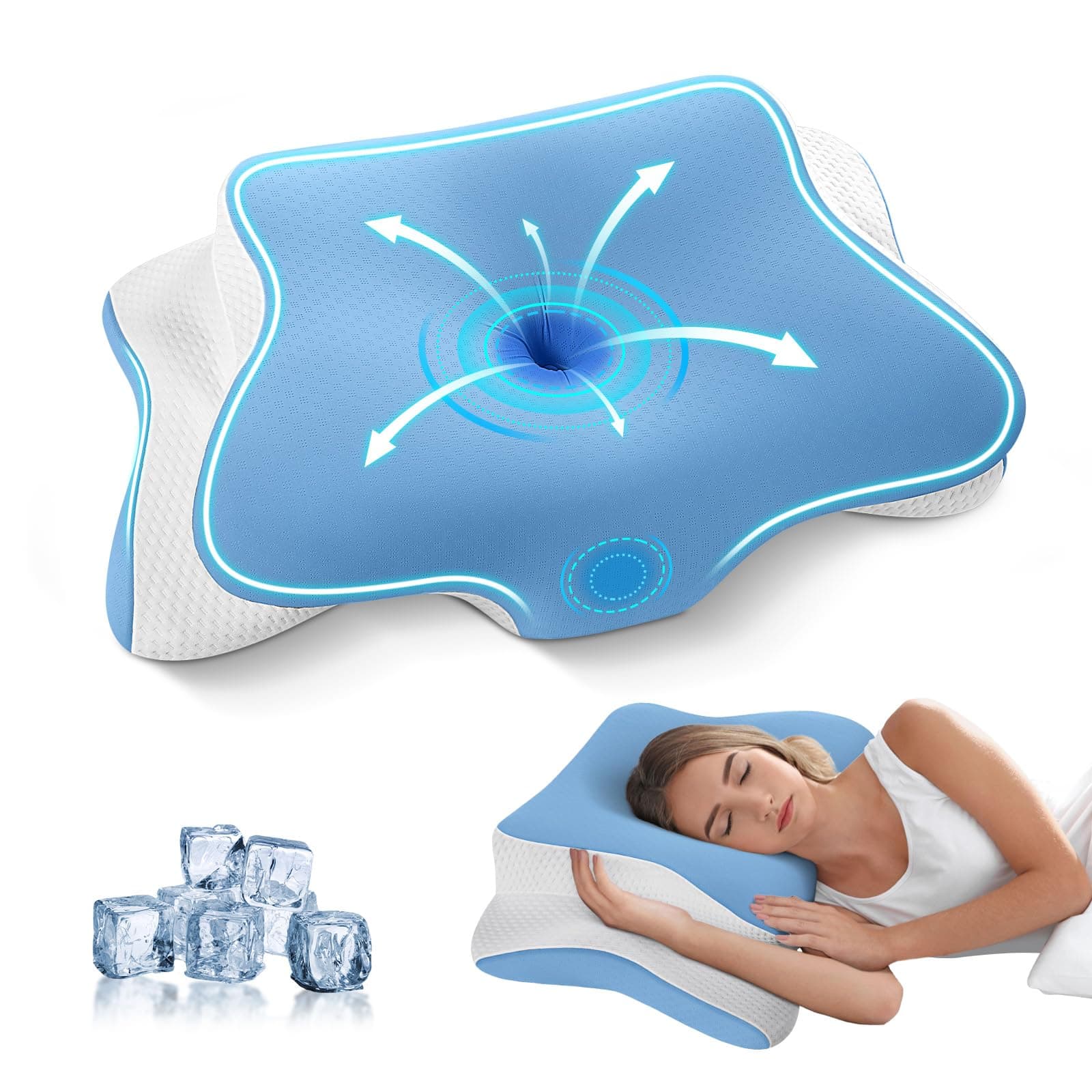 JINXIA Memory Foam Pillow, Cervical Pillow for Neck and Shoulder Pain, Orthopedic Ergonomic Neck Support for Side, Back and Stomach Sleepers, with Washable Cooling Ice Silk Cover, Blue