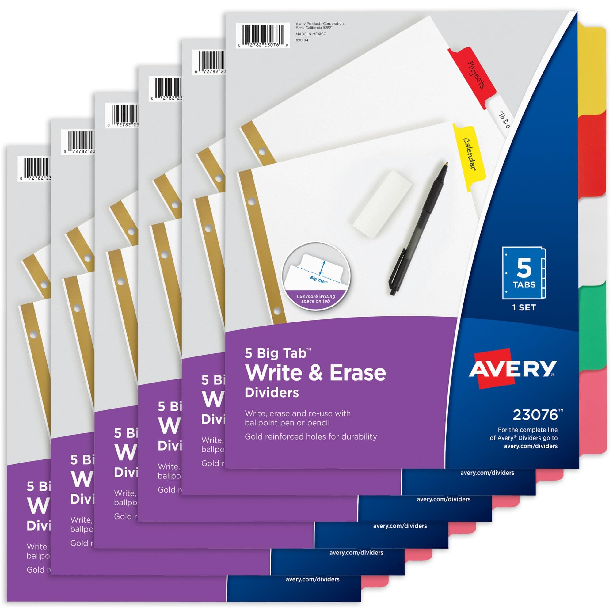 Big Tab Write & Erase Dividers for 3 Ring Binders, 5-Tab Set, Multicolor Divider Tabs, Great for Organizing Projects, Reports, Finances, and More (6-Pack of 23076)