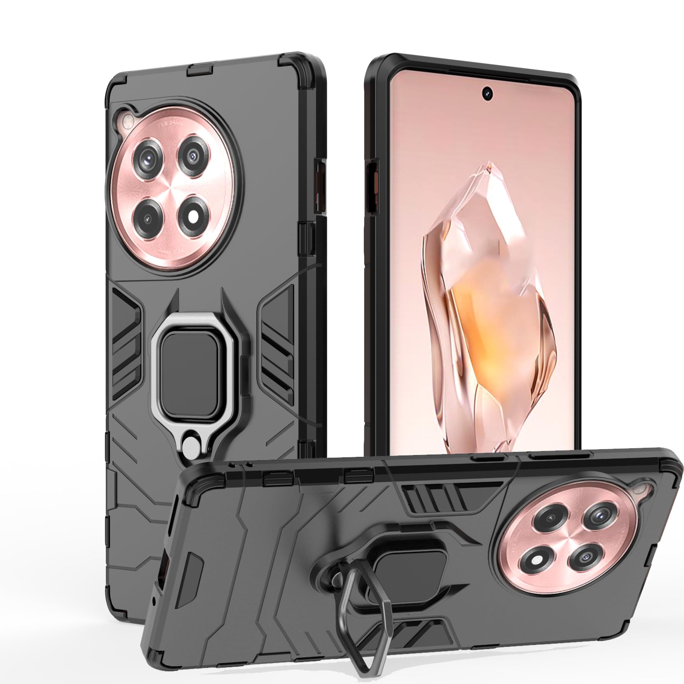 for OnePlus 12R Case, Dual Layer Protective Heavy Duty Armor Rugged [Military-Grade] Protective, Magnetic Kickstand Car Holder Phone Case Black