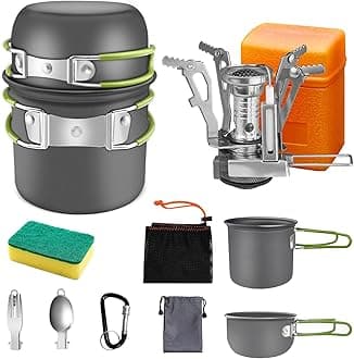 AUTOPkio Camping Cooking Set, Outdoor Camping Pans Pots and Stove - Non Stick Folding Cookware Kit for BBQ Picnic Hiking Backpacking Travel 1-2 Person Use
