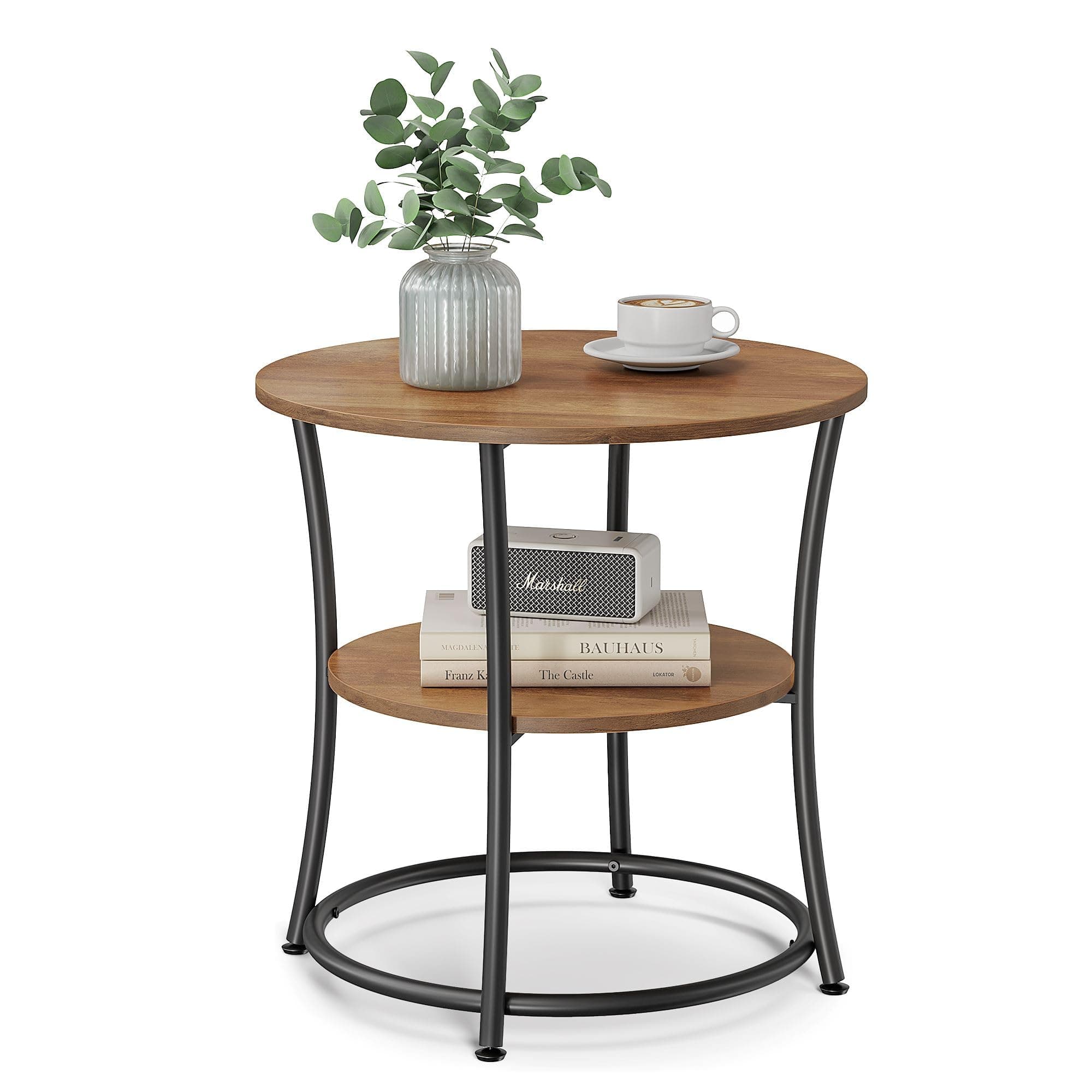 21.7-Inch Round Side Table, 2-Tier End Table, Nightstand with Steel Frame, Spacious Top, for Small Spaces, Living Room, Bedroom, Honey Brown and Ink Black ULET056B41
