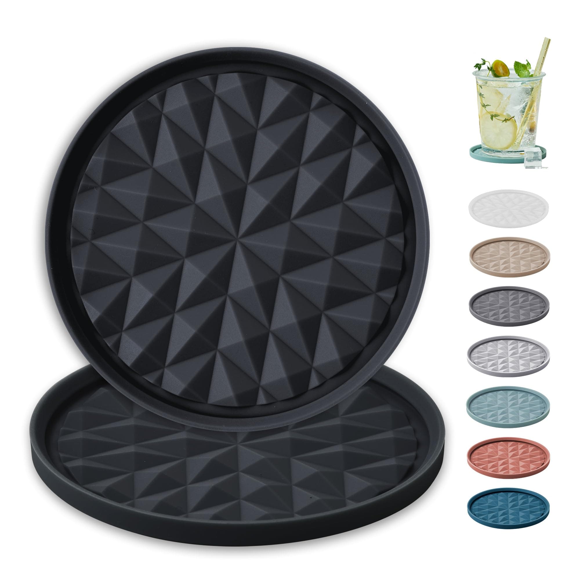 Silicone Coasters for Drinks [2 Pack for Office]- Cup Mat for Tabletop Protection-Non-Slip, Non-Stick, Coffee Table Decor, Great Gift for Any Occasion, Black