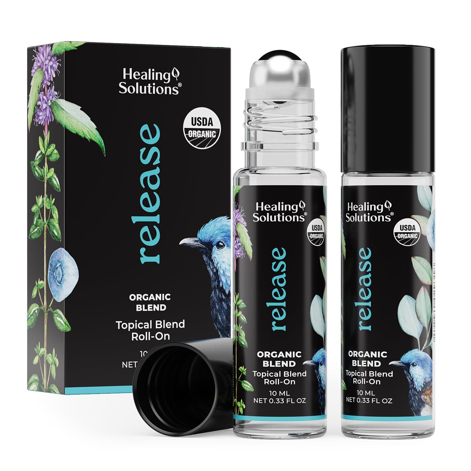 Healing Solutions (2 Pack) Release Organic Blend Essential Oil - Perfume Roll On for Skin - Essential Roller for Travel, Aromatherapy - USDA Certified - Coconut Oil, Peppermint, Basil & More
